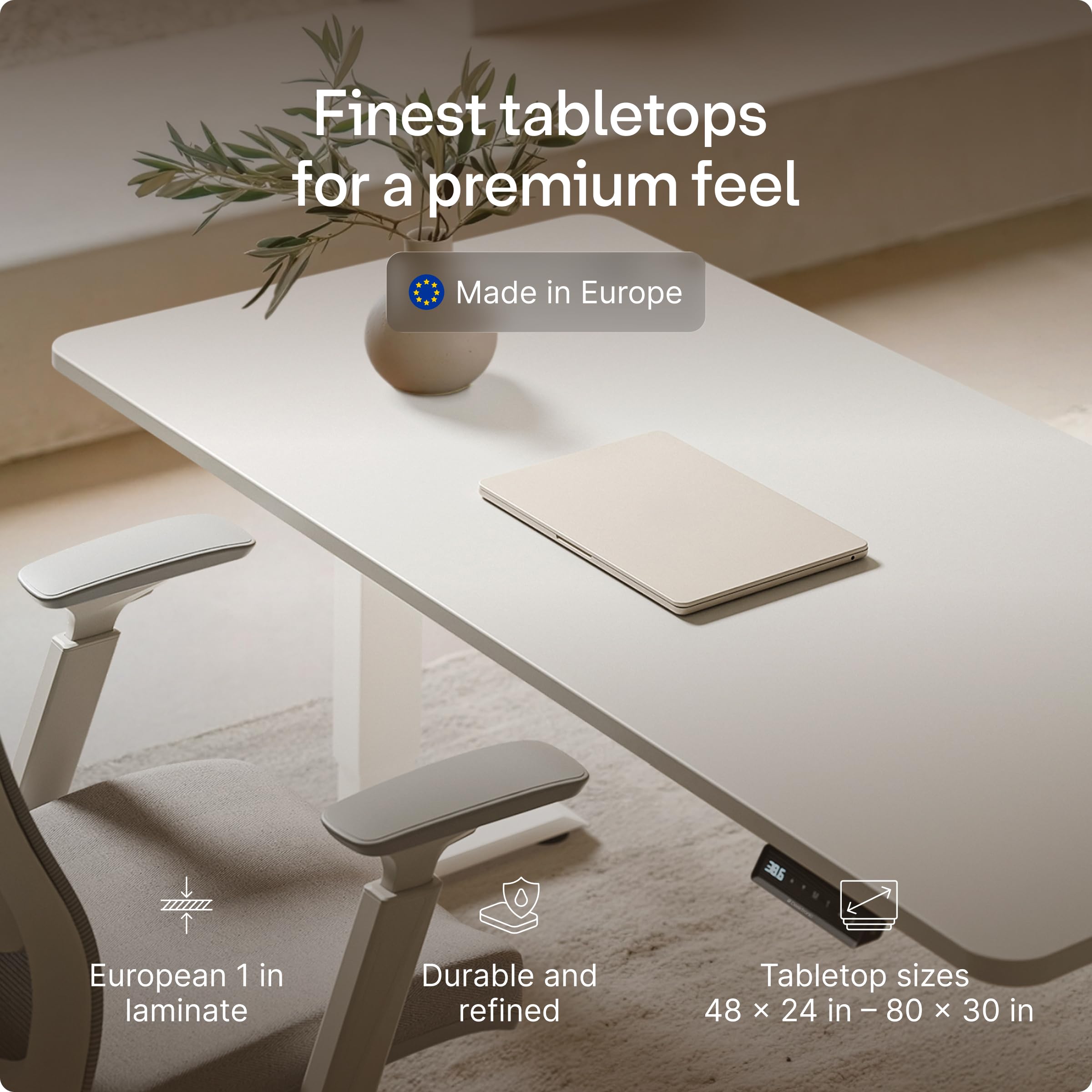 Standing Desk 48x24 — Made in Europe, Ergonomic Sit Stand Home Office Desk, Electric Height Adjustable, Dual Motor, USB & USB-C Charging, Wobble-Free, Touchscreen, 3 Memory Presets