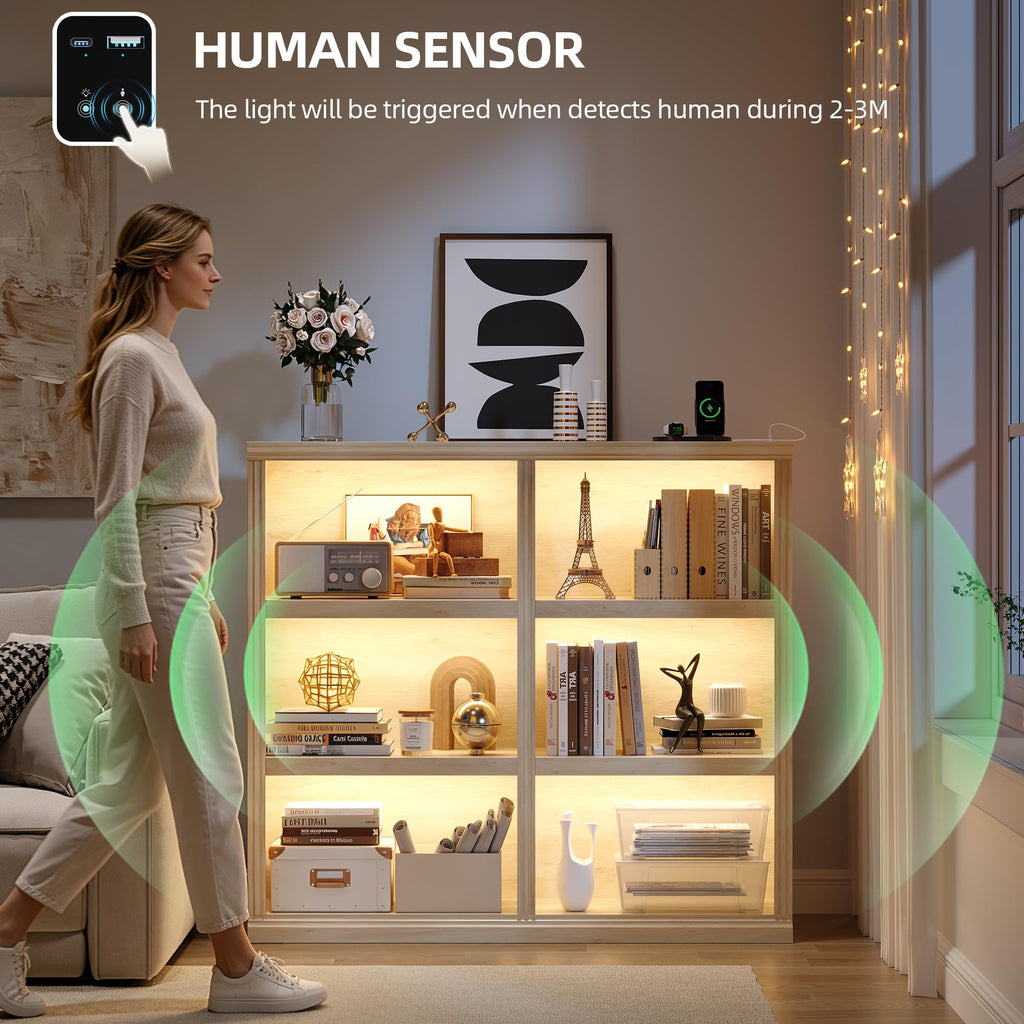 6-Cube LED Bookshelf with Motion Sensor and USB Type-C - Natural Wood