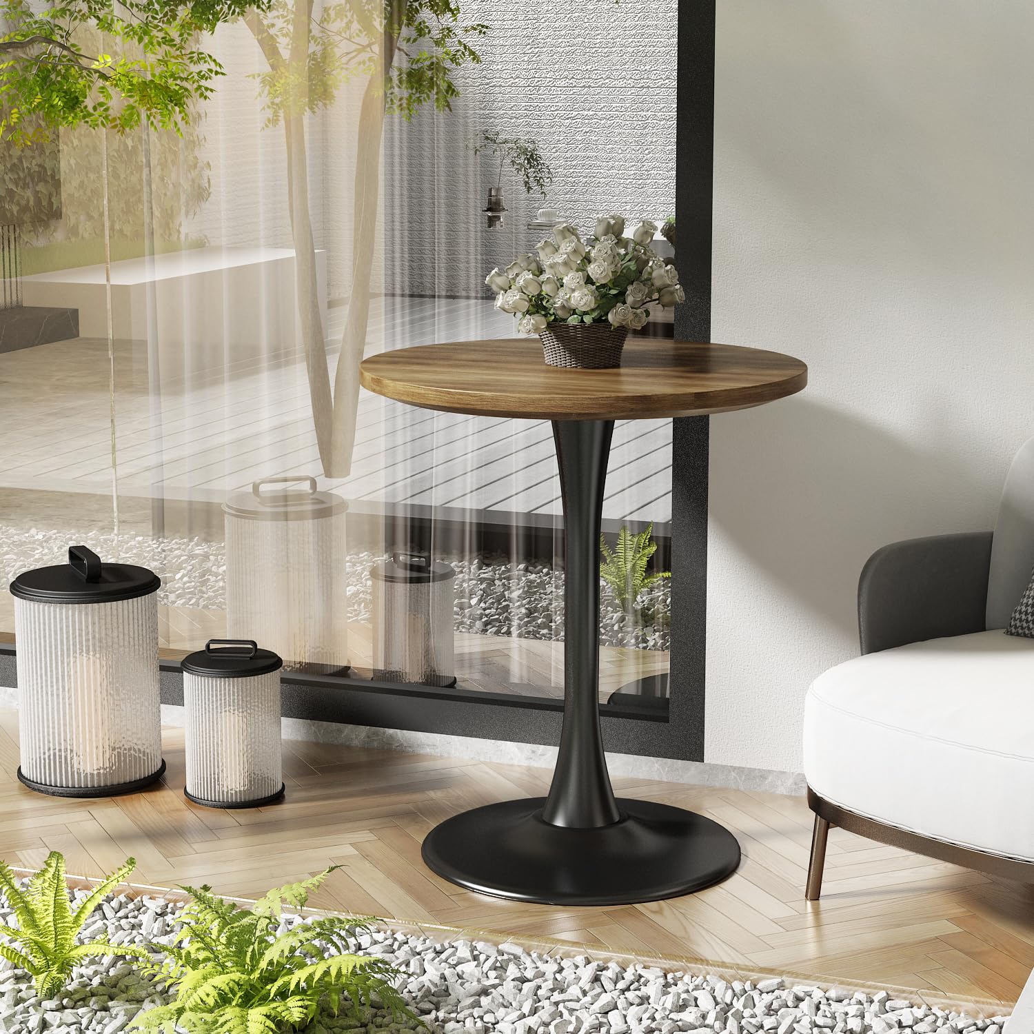 Kasinali Round Dining Table 24" Circle Tulip Table with Wood Thickened Tabletop & Sturdy Metal Pedestal Mid Century Modern Farmhouse Kitchen Tables 2 People Small Places Living Room Cafe,Somber Walnut