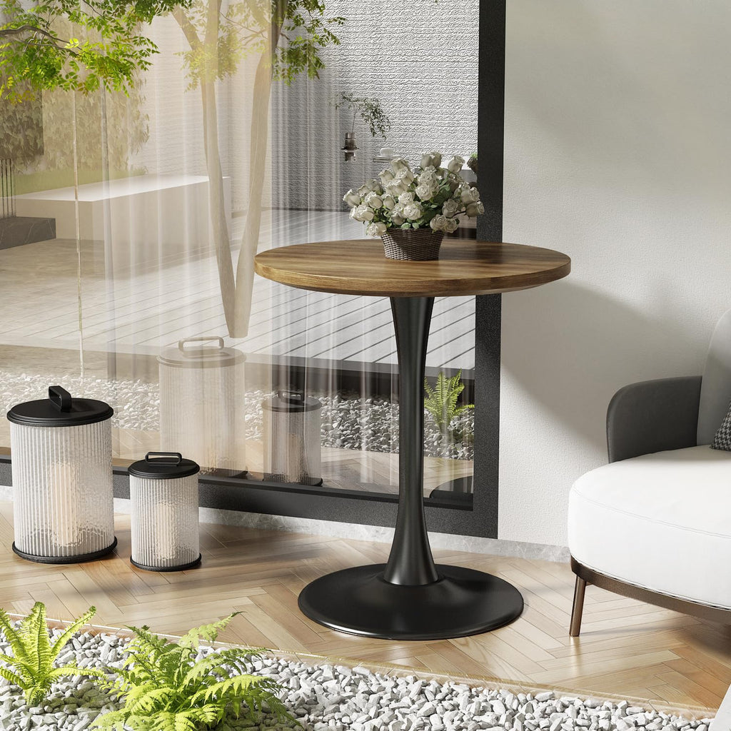 Kasinali Round Dining Table 27.5" Circle Tulip Table with Wood Thickened Tabletop & Sturdy Metal Pedestal Mid Century Modern Farmhouse Kitchen Tables for 4 Small Places Living Room Cafe,Somber Walnut