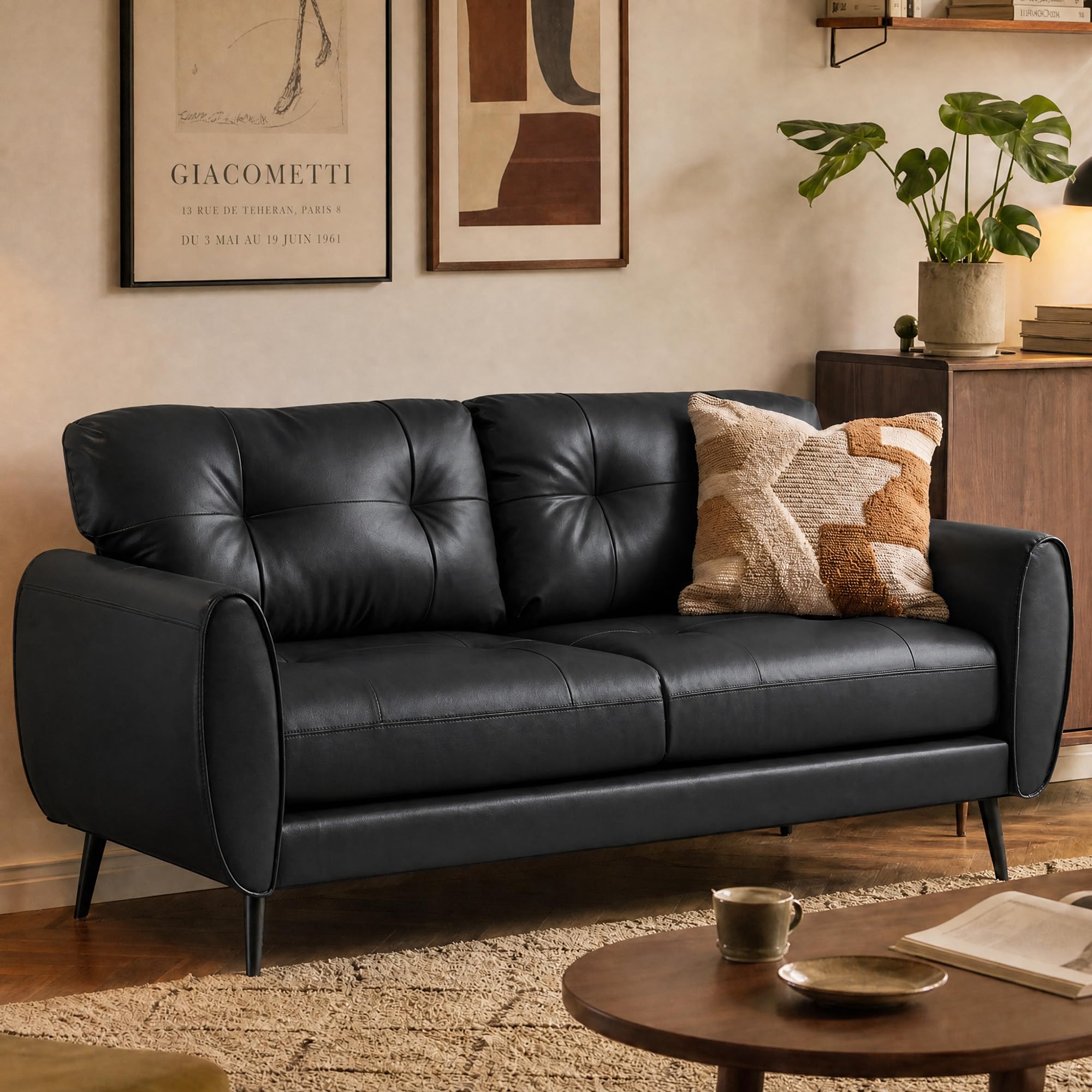 Sofa Couch 61" Small Loveseat Couches for Living Room, Black Faux Leather Couch Mid Century Modern Tufted Mini Sofa Comfy Office 2 Seat Settee Love Seat Couches for Small Spaces Bedroom