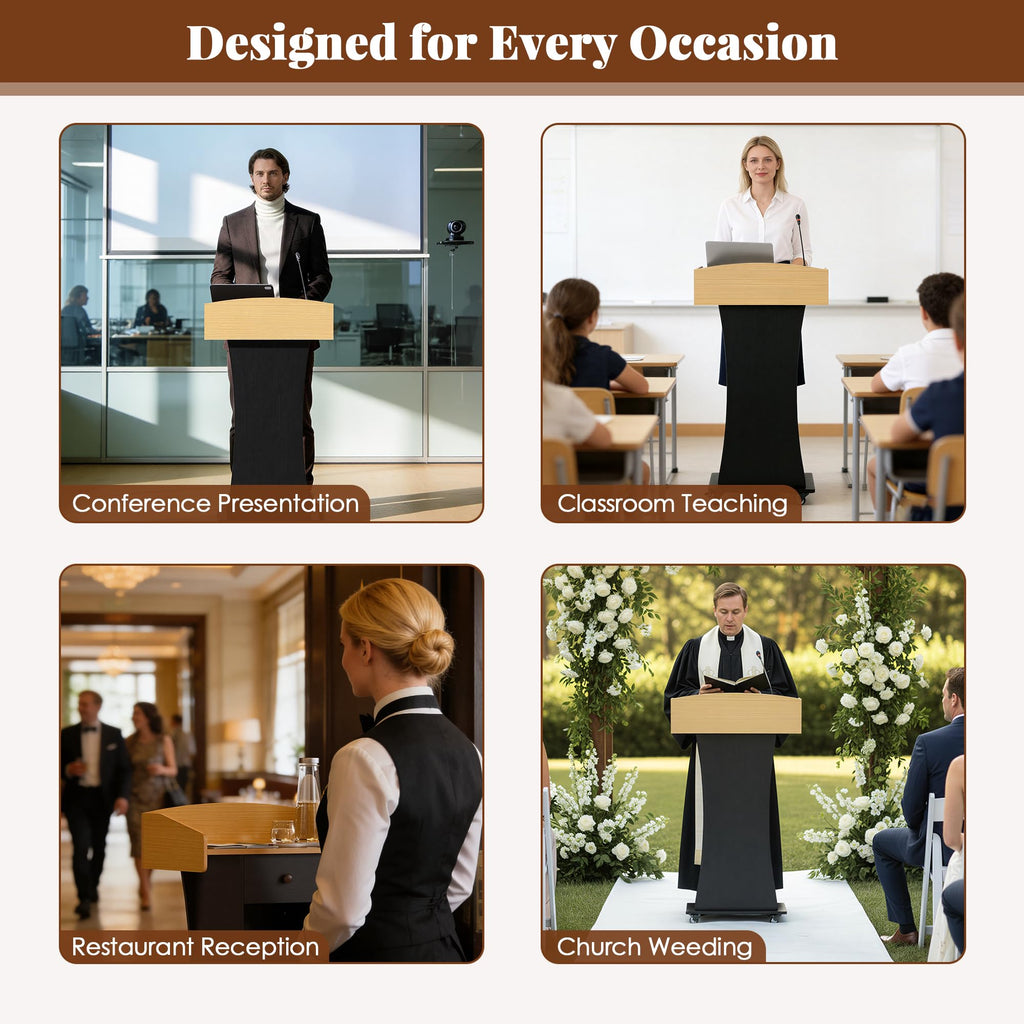 Podium Stand with Metal Wheels Wooden Teacher Lectern Portable Pulpit Standing with Drawer and Adjustable Shelf Mobile Rolling Reception Podiums for Church Office Classroom Lecture Meeting,Black+Oak