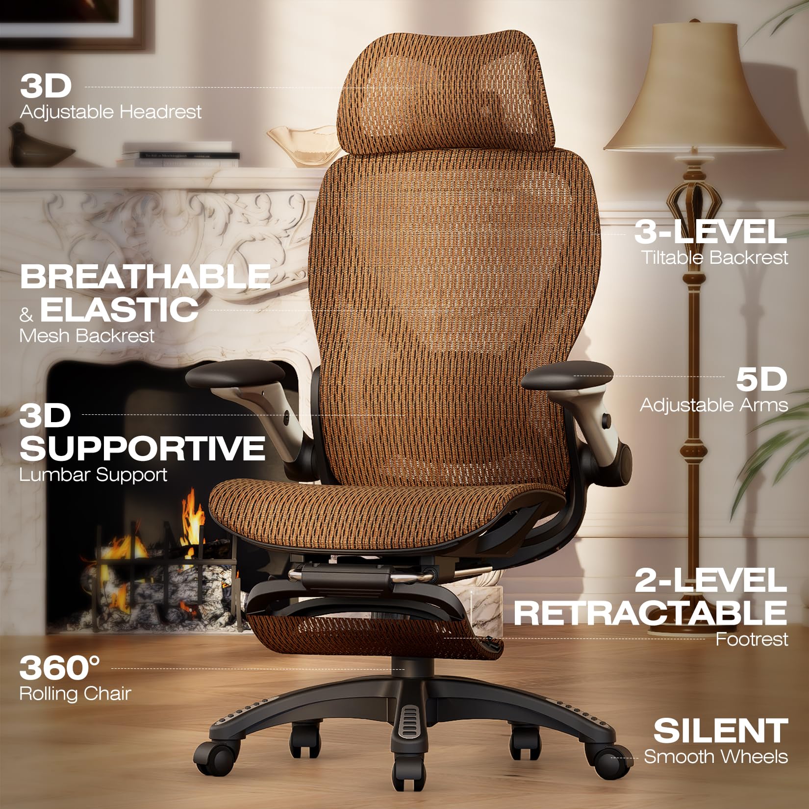 X100 Ergonomic Office Chair with Footrest, Big and Tall Home Desk Chair with 5D Flip-Up Arms, Adjustable 3D Lumbar Support,High Back Rolling Computer Chair, Swivel Mesh Chairs