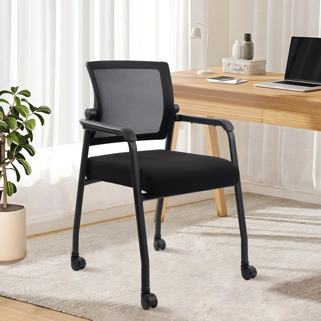 Waiting Room Chairs with Wheels, Adjustable Mesh Backrest, Desk Chair with Ergonomic Lumbar Support and Thickened Seats Cushion, Black