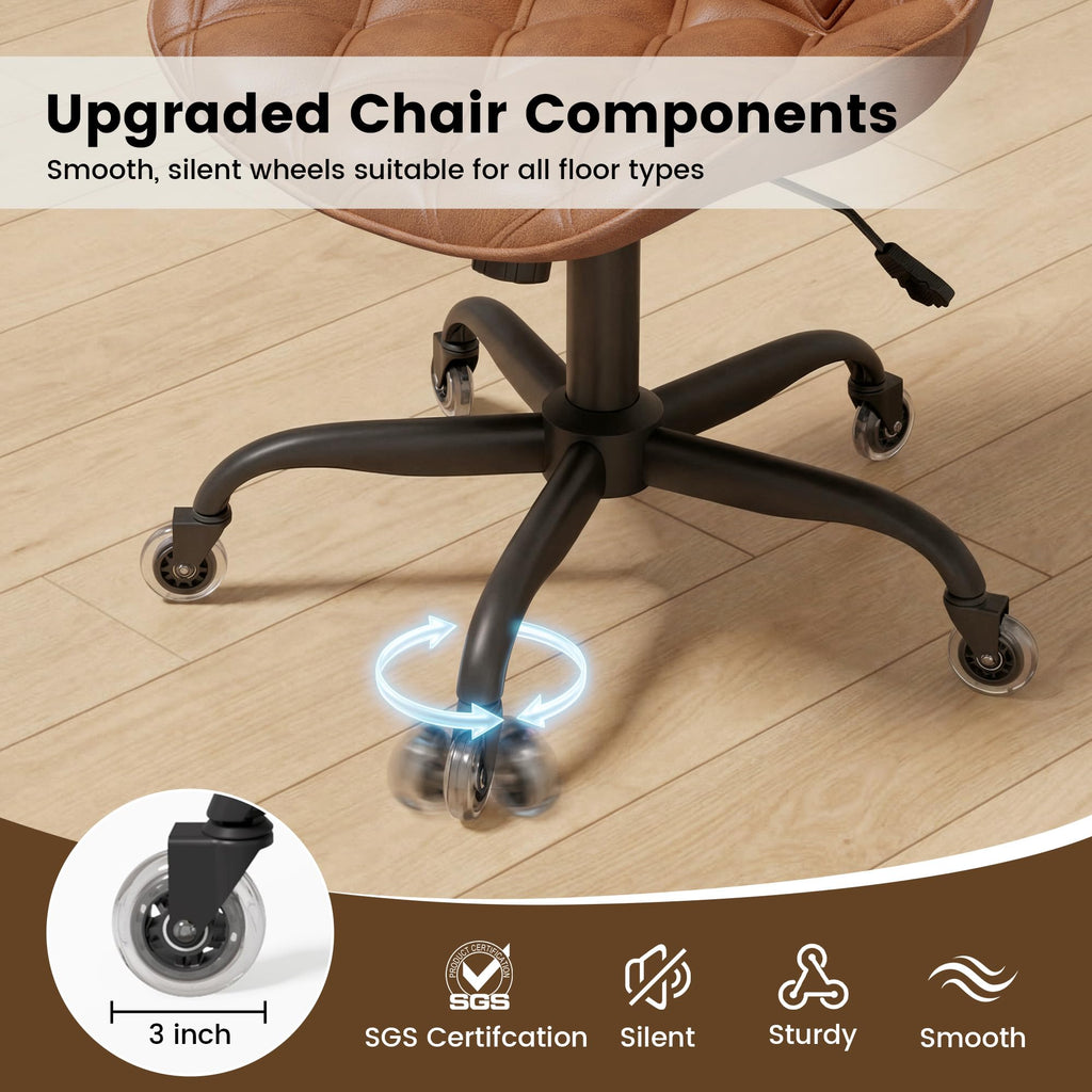 Armless Office Chair, Mid Back Modern Desk Chair with Rubber Wheels, 360 Swivel PU Leather Office Chair No Arms, Adjustable Height Small Computer Chair, Armless Desk Chair for Office, Brown