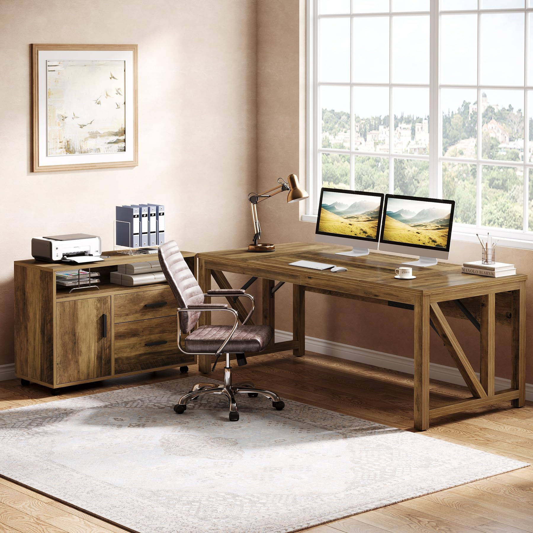 63" Executive Computer Desk and lateral File Cabinet, 2 Piece Home Office Furniture with Drawers for Hanging, Door (Rustic Brown, 63 inches)