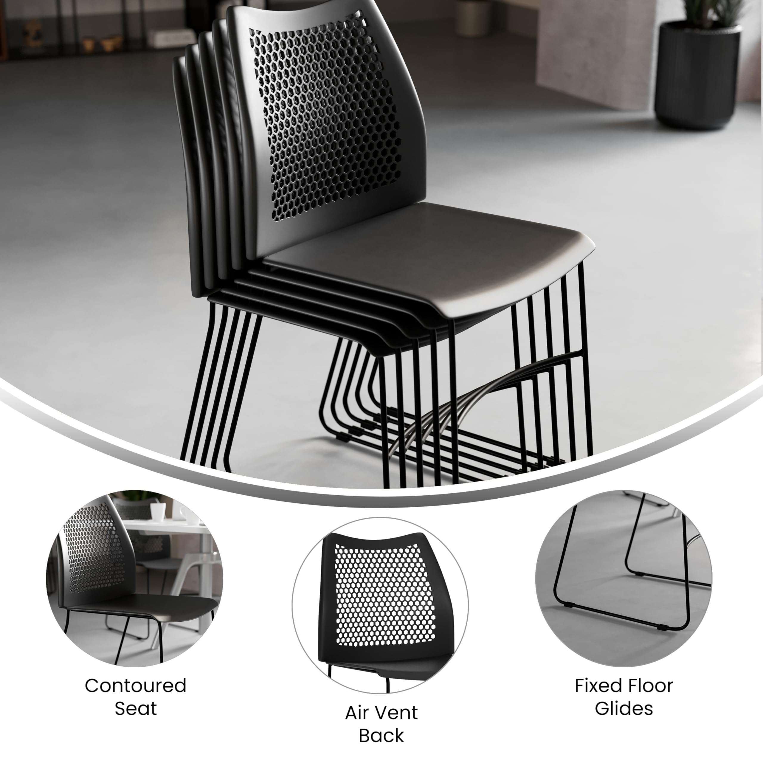 HERCULES Series 661 lb. Capacity Black Stack Chair with Air-Vent Back and Black Powder Coated Sled Base