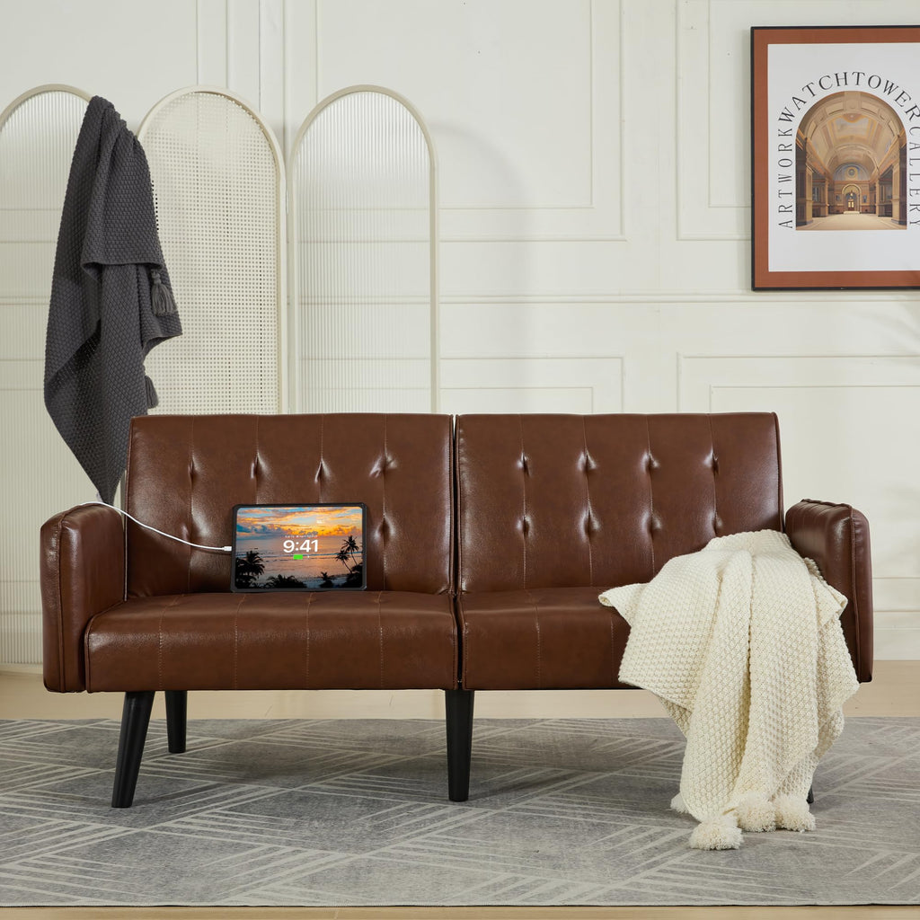 65“ Convertible Futon Sofa Bed w/ 2 USB,Tufted Small Adjustable Folding Couch Loveseat, Modern Mid Century Faux Leather Sleeper Sofa for Office, Living Room, Bedroom, Brown
