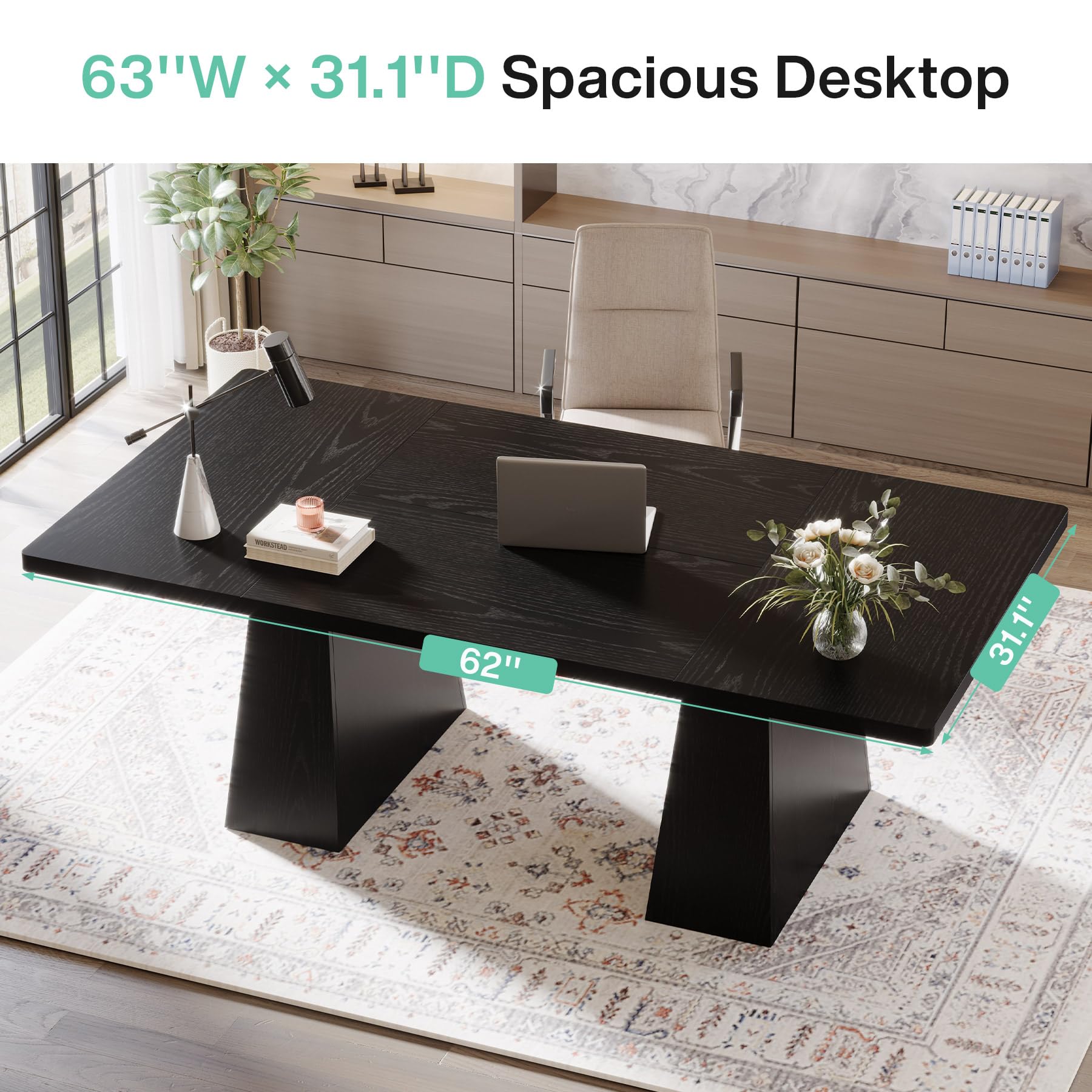 63-Inch Executive Desk, Large Office Computer Desk with Double Pedestal, Modern Simple Workstations Writing Table Conference Table Business Furniture for Home Office, Black