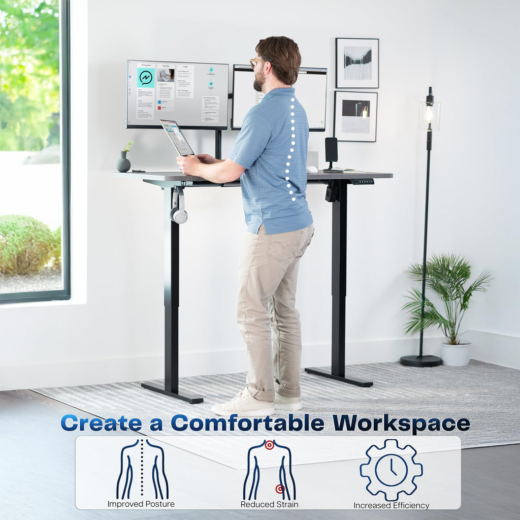 Electric 55 x 28 in Standing Desk, Memory Height Adjustment, 1B Series, Holds 220 lbs, One-Piece Dark Gray Top, Black Frame