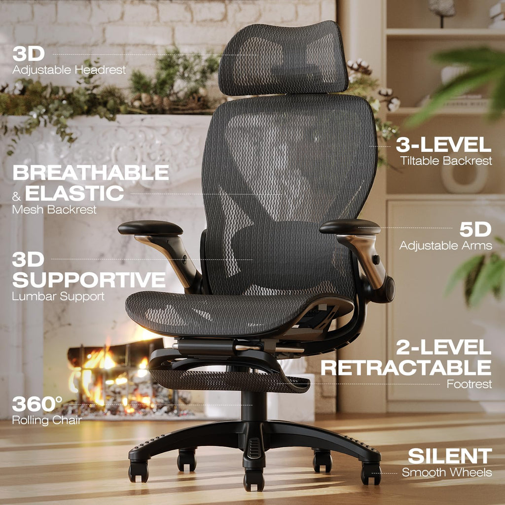 X100 Ergonomic Mesh Office Chair with Footrest, Big and Tall Hone Desk Chair with 5D Flip-Up Arms, Adjustable 3D Lumbar Support,Gaming & Executive Computer Chairs
