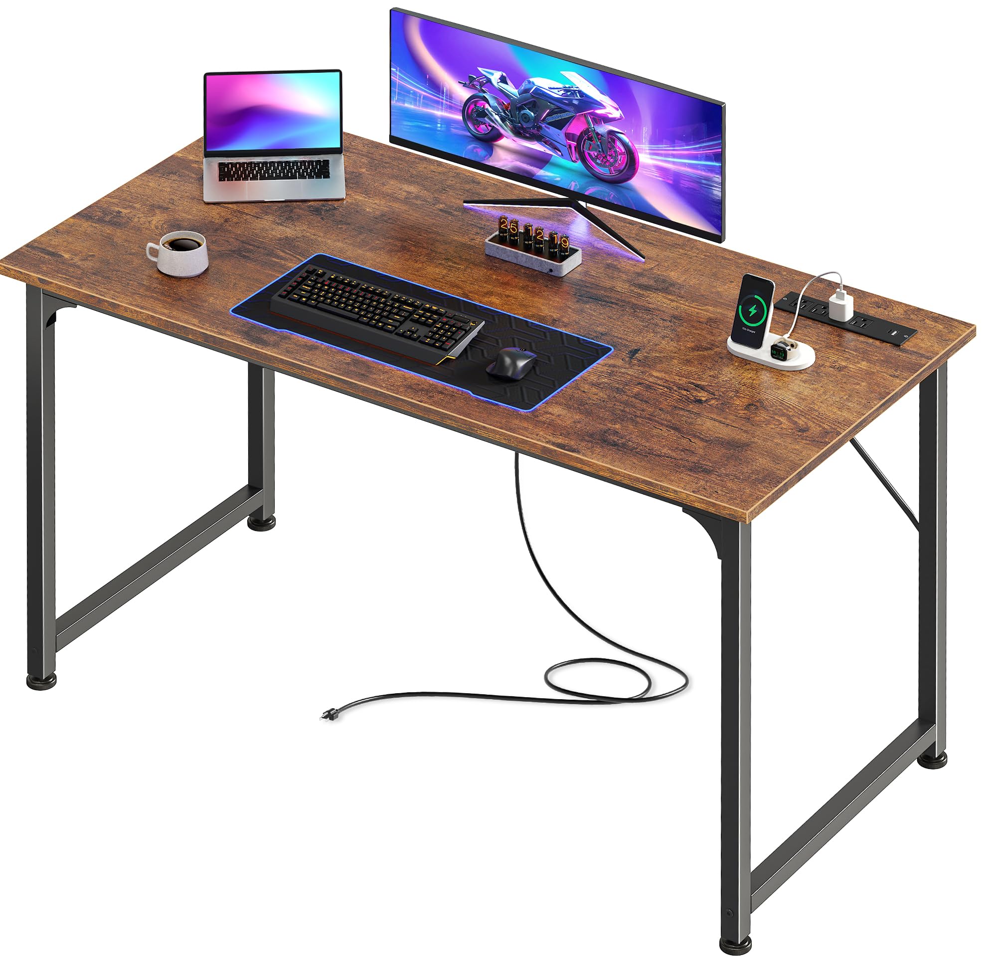 40 X 20 Inch Computer Desk with Power Outlets and USB-C Port, Gaming Office Desk with Deeper Desktop, Writing Work Desk for Home Office, Study, Bedroom, Metal Frame, Rustic Brown