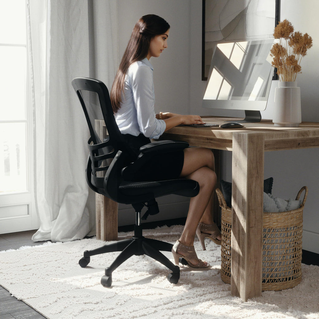 Mid-Back Swivel Office Chair with Adjustable Seat Height, Ergonomic Mesh Desk Chair with LeatherSoft Seat, Black