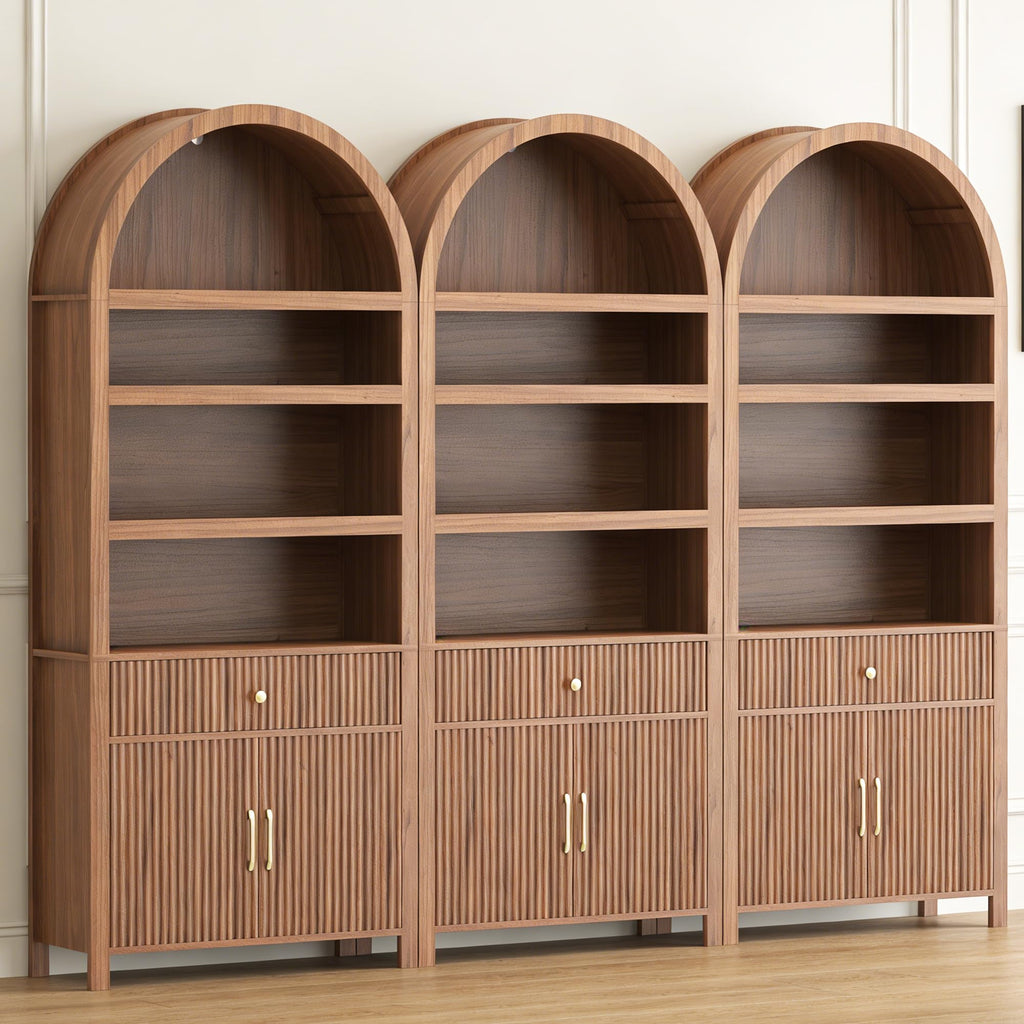 Book Shelf 70" Tall Bookcase with Drawer, 7-Tier Arched Cabinet with Storage and Fluted Door, Mid-Century Modern Modular Arch Bookshelf for Office Living Room Bedroom Library (Walnut, 3)