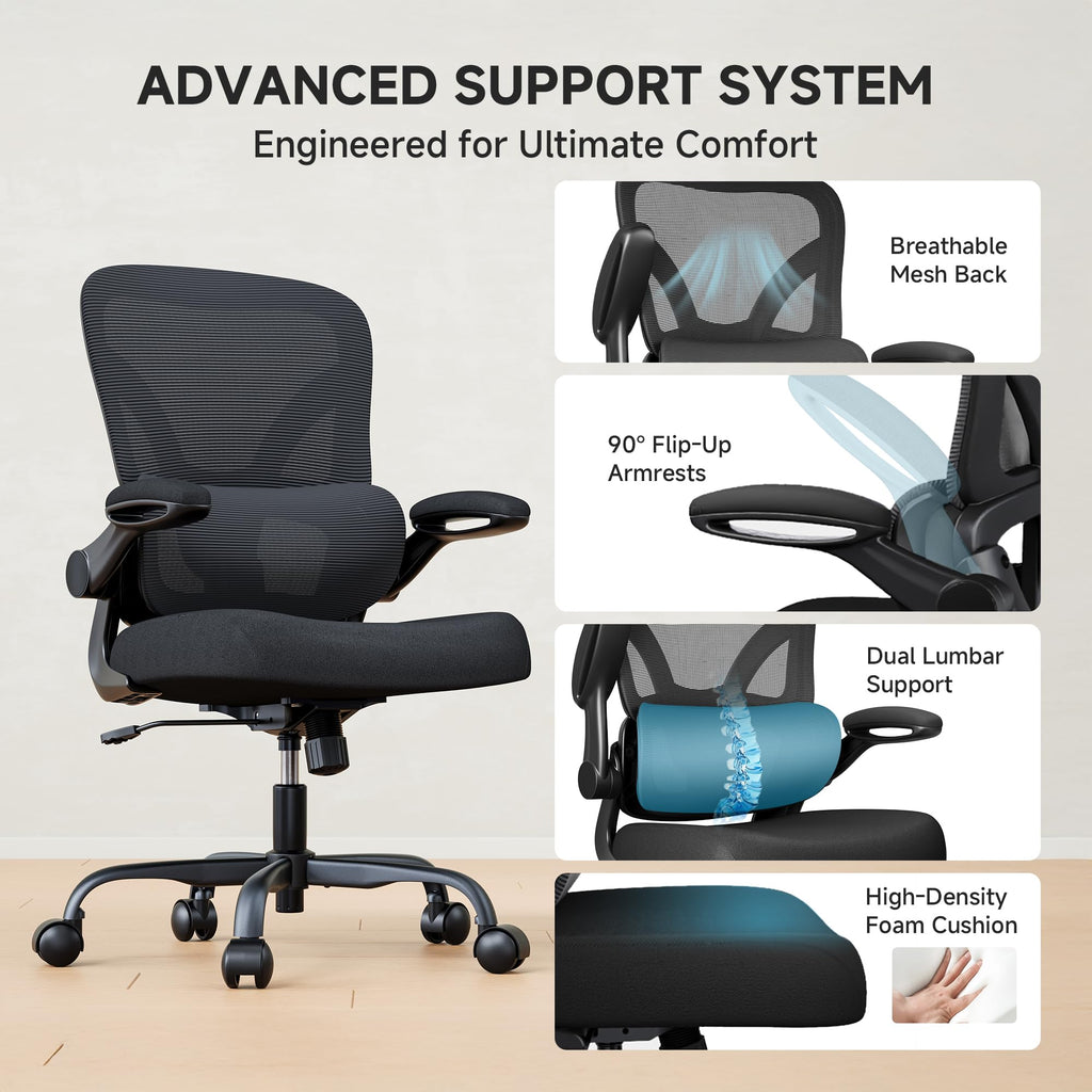 Mesh Office Chair, 330LBS Ergonomic Desk Chair with Adjustable Lumbar Support, Executive Computer Chairs for Home Office, Black