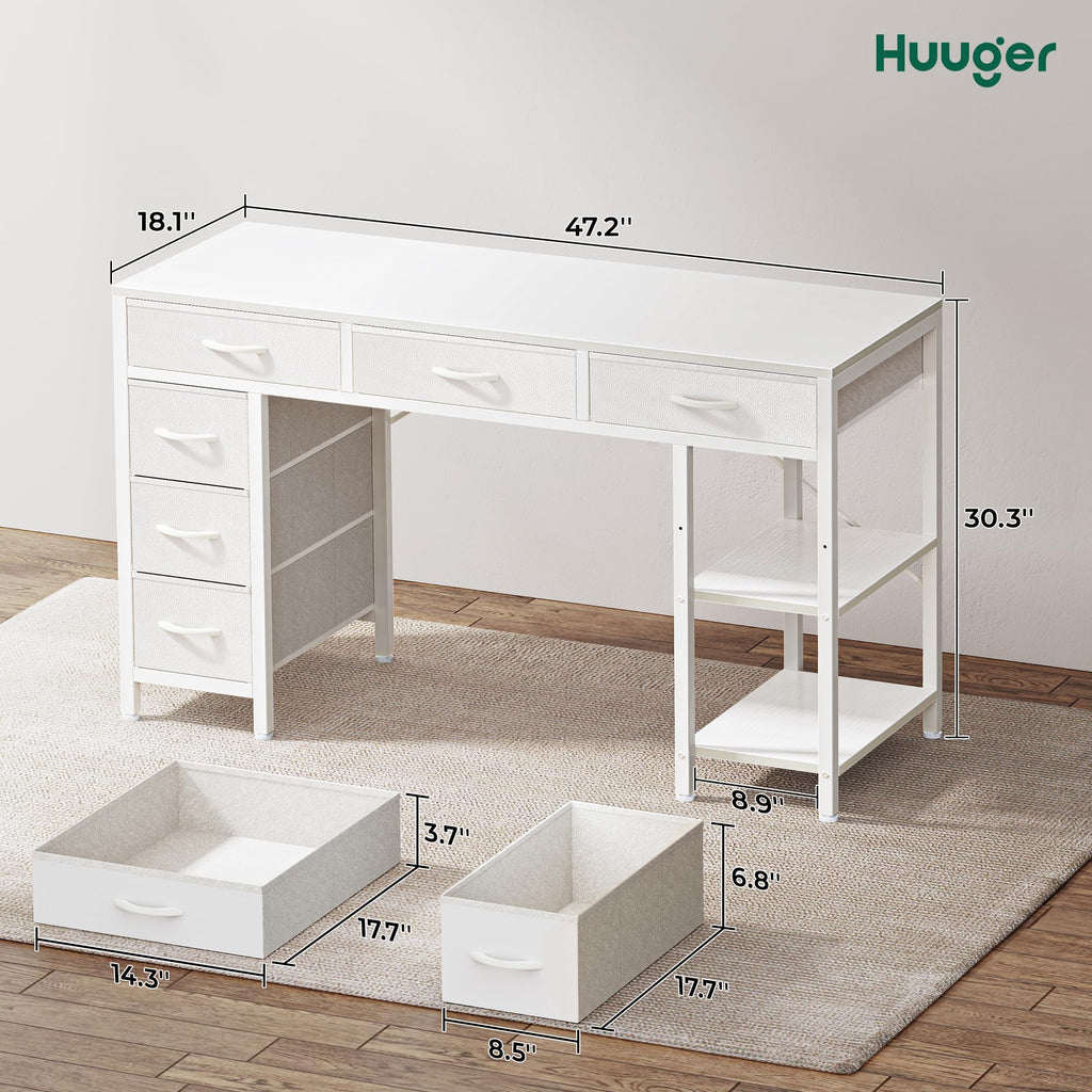 Computer Desk with 6 Drawers, Office Desk with Shelves, Reversible Gaming Desk, Corner Desk with Storage, Work for Home Office, Study, Living Room, 47inch, White