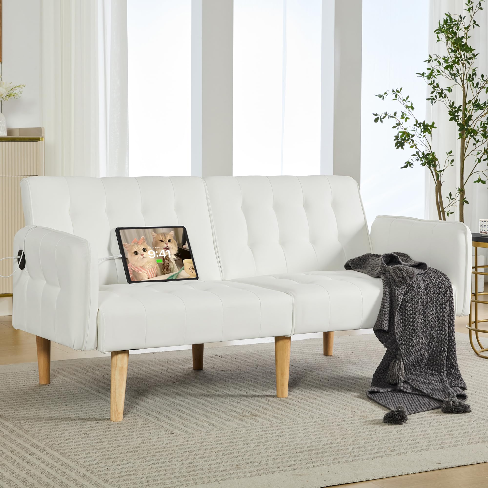 Modern White Faux Leather Upholstered Convertible USB Folding Futon Sofa Bed, 65" Couch, Love Seats Furniture for Small Space Configuration, Office, Apartment, Dorm, Living Room