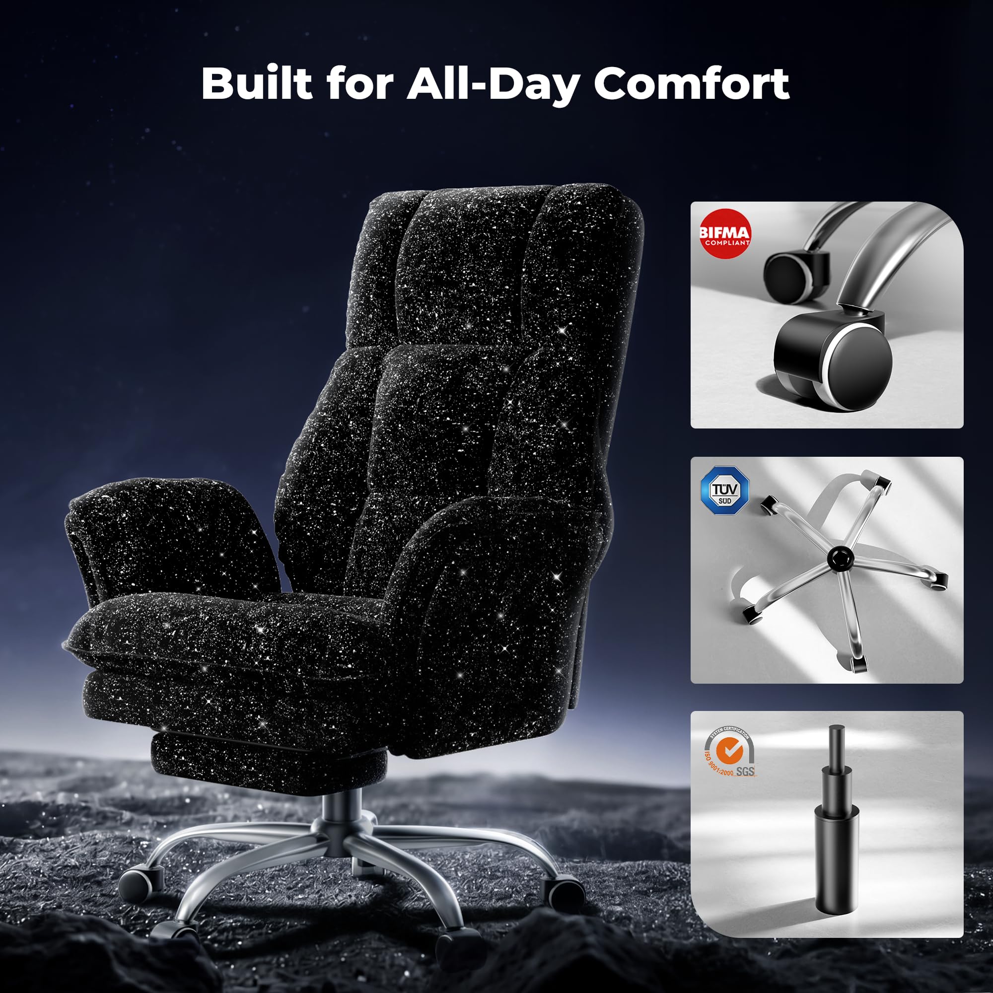 Big and Tall Office Chair, Flip Armrests for Pets & Cross Legged Sitting, Executive Ergonomic Computer Gaming Chair with Foot Rest, Gliter Fabric Wide Seat Reclining Desk Chair