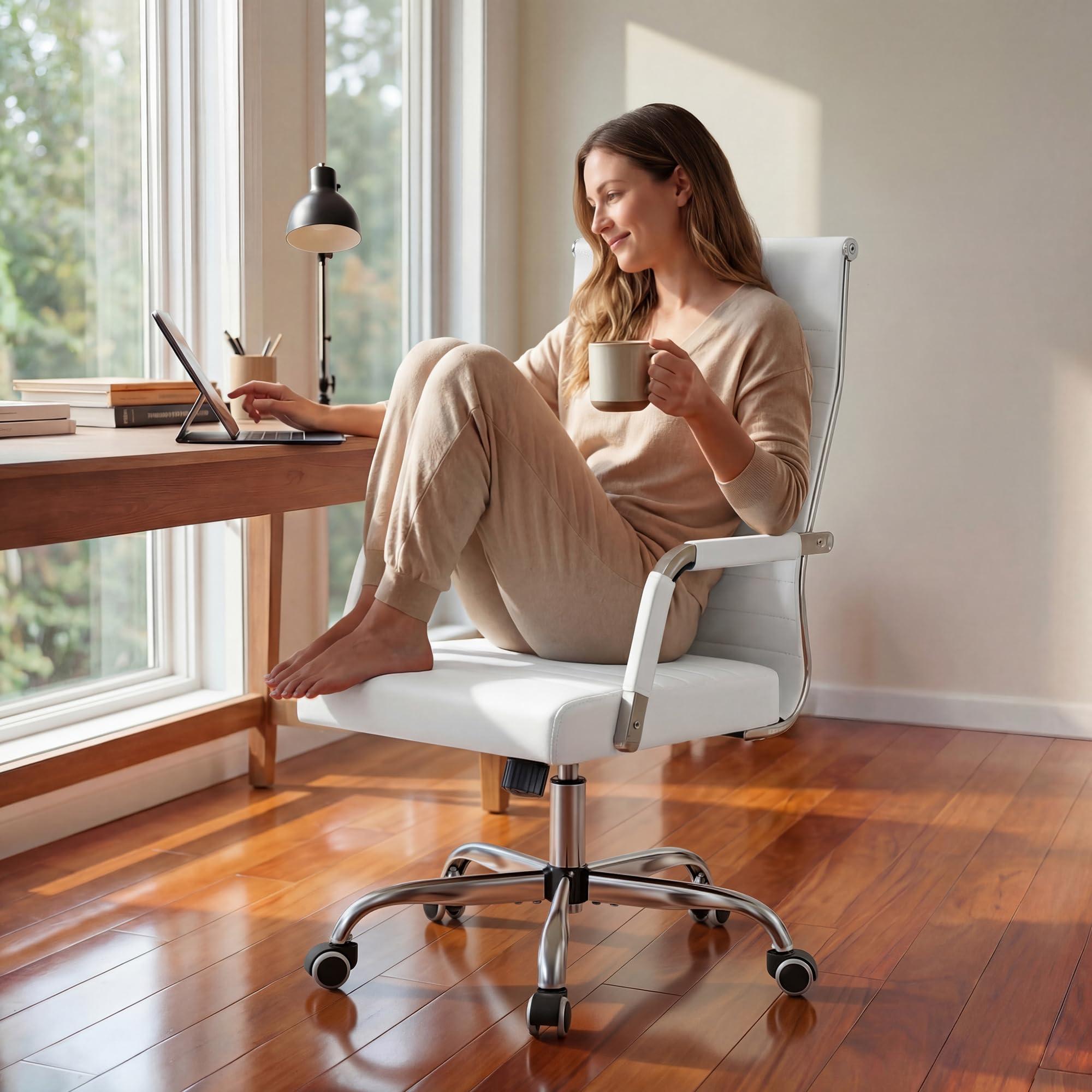 Ergonomic Office Desk Chair, Executive Ribbed Mid-Back PU Leather Conference Room Chair Adjustable Swivel Chair with Arms (1, White)