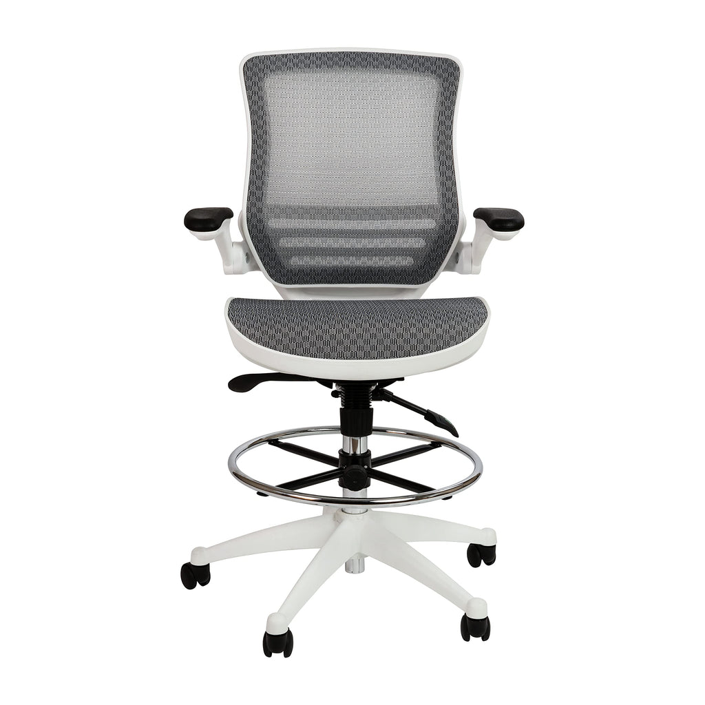Mid-Back Swivel Office Chair with Adjustable Foot Ring and Seat Height, Ergonomic Mesh Chair with Armrests, Gray/White