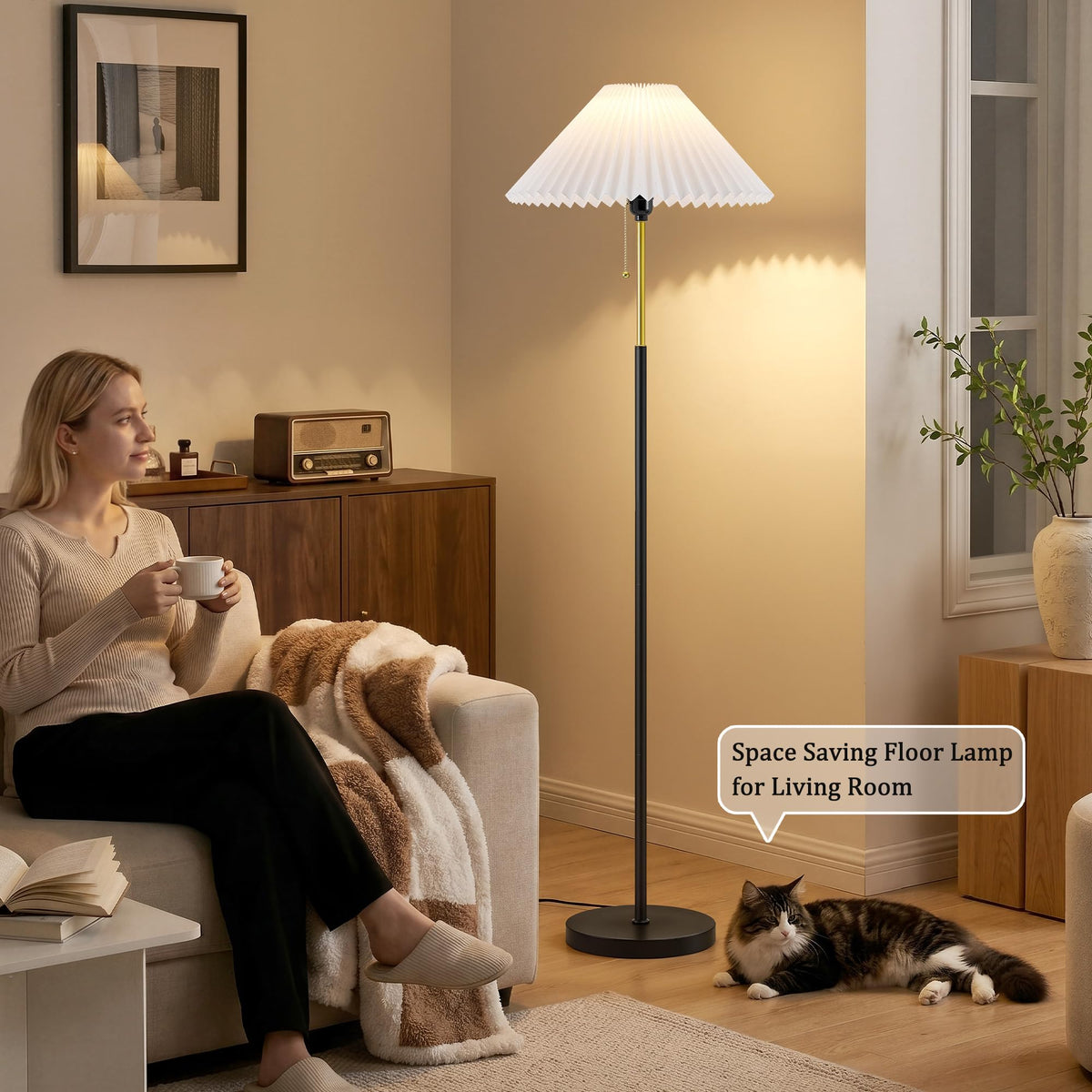 Floor Lamps for Living Room, 59.5" Pleated Modern Standing Lamp,Linen Shade