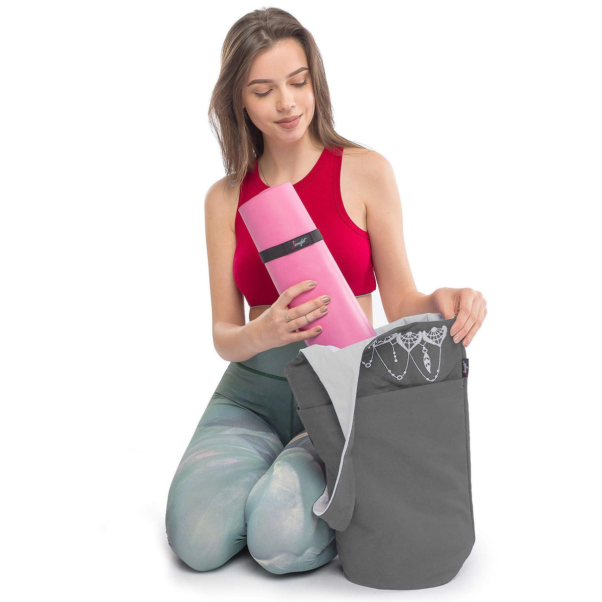 Yoga Mat Bag & Carrier with Pockets for Women, Gray & White