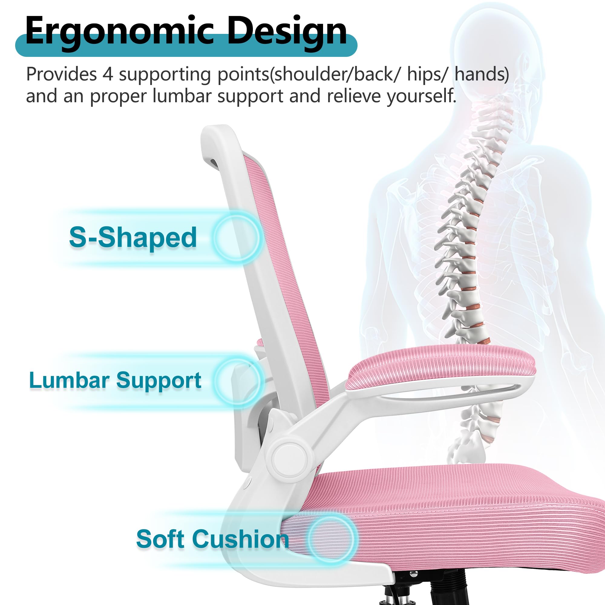 Office Chair, Ergonomic Desk Chair Breathable Mesh Chairs Adjustable High Back Lumbar Support Flip-up Armrests, Executive Rolling Swivel Comfy Computer Chairs Home Office Pink
