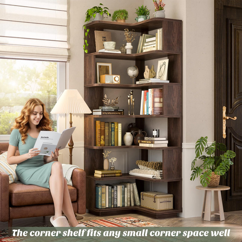 Corner Book Shelf, 7-Shelf L Shaped Corner Bookshelf with Baffle