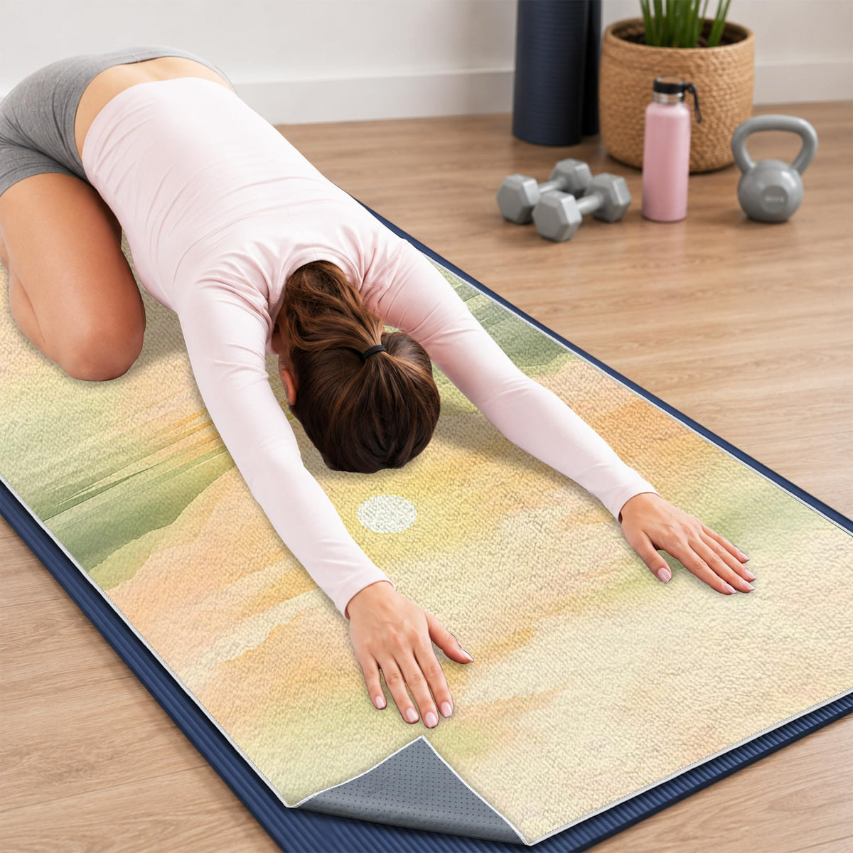 Yoga Mat Towel, Hot Yoga Towel High-Definition Pattern, Machine Washable with Ultra-Absorbent Yoga Towels for Hot Yoga Non Slip for Fitness, Exercise, Pilates, 72 x 27 in, Green Sunset