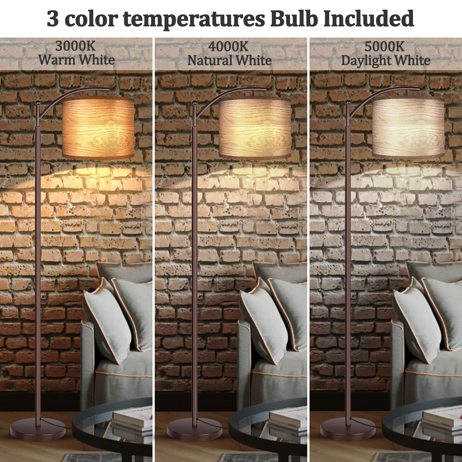 Floor Lamp for Living Room, LED Standing Lamp Tall Industrial Floor Lamp Reading for Bedroom, Office (9W LED Bulb, Wood Grain Lampshade Included) - Oil-Rubbed Bronze