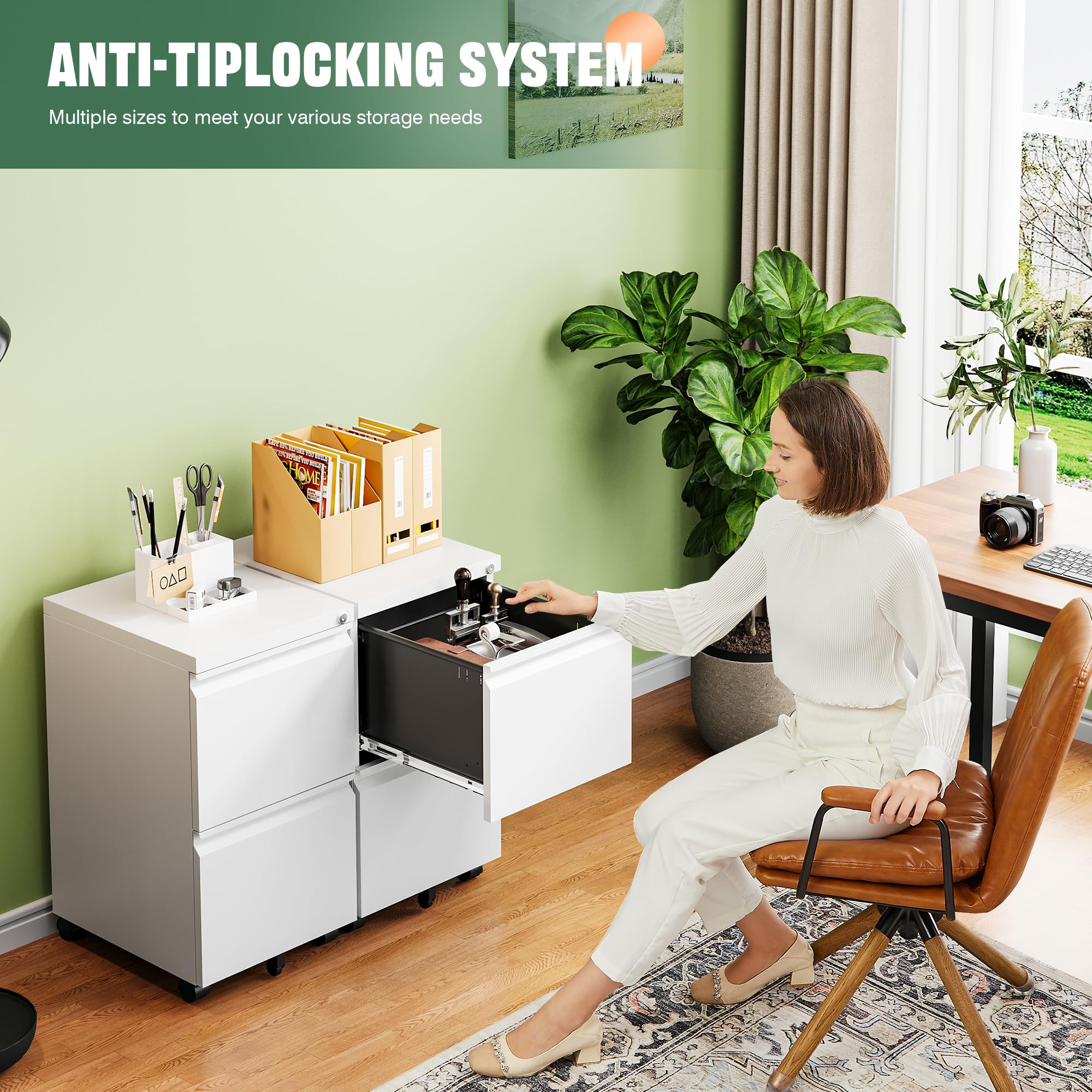 2 Drawer Mobile File Cabinet with Lock,Under Desk Metal Filing Cabinets for Home Office Organizer Letters/Legal/A4(Fully Assembled-White)