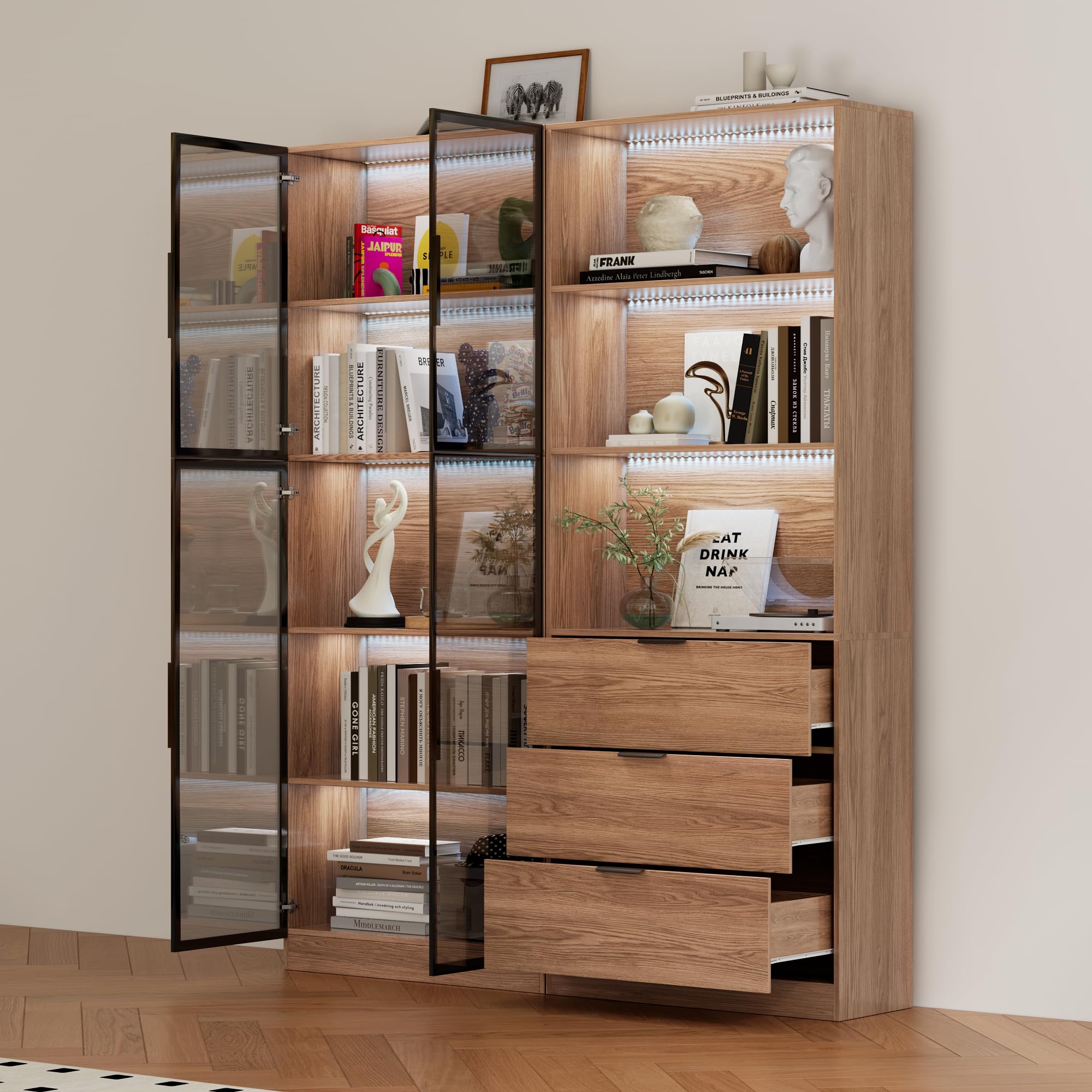 78.7" H Tall Bookcase Storage Cabinet with LED Lights and Drawers, 5 Tier Wood Storage Shelves with Glass Doors, Expandable Bookshelf Display Cabinet for Living Room, Home Office (A+B)