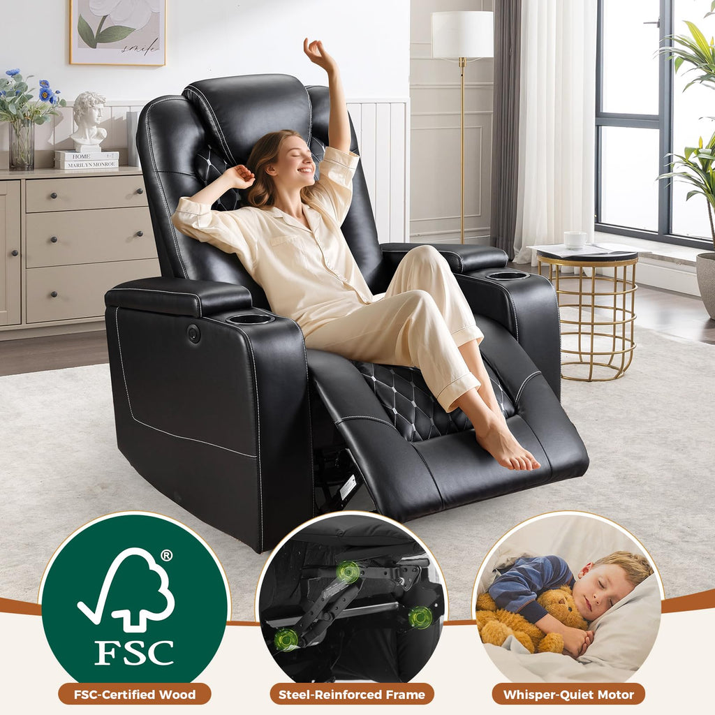 Power Recliner Chair Set of 4, Electric Soft Faux Leather Reclining Home Theater Seating - USB Ports, Cup Holders, Hidden Arm Storage Movie & Media Room Chairs (Black)