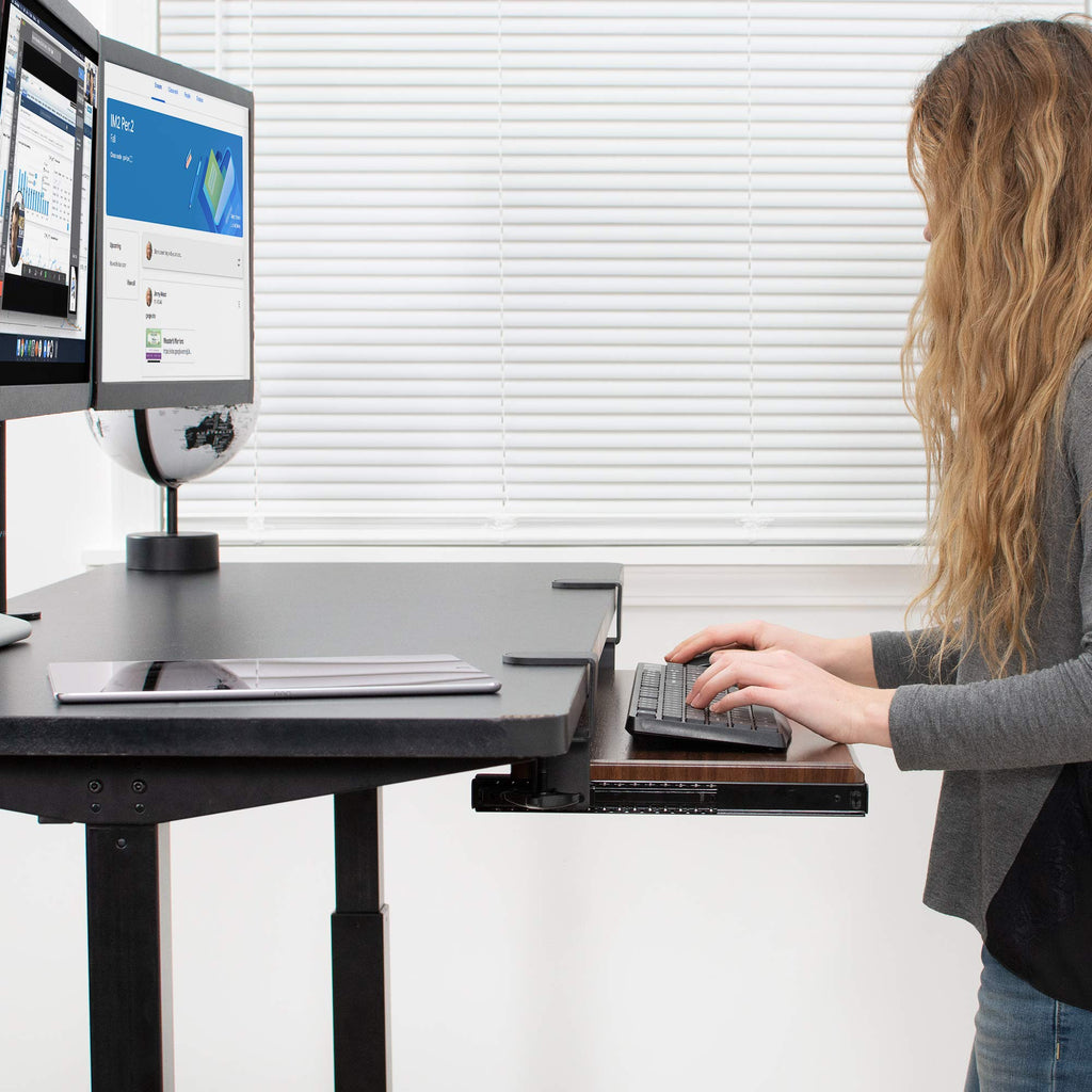 Large Clamp-on Computer Keyboard and Mouse Under Desk Slider Tray, 27 x 11 inch Pull Out Platform Drawer, Dark Wood