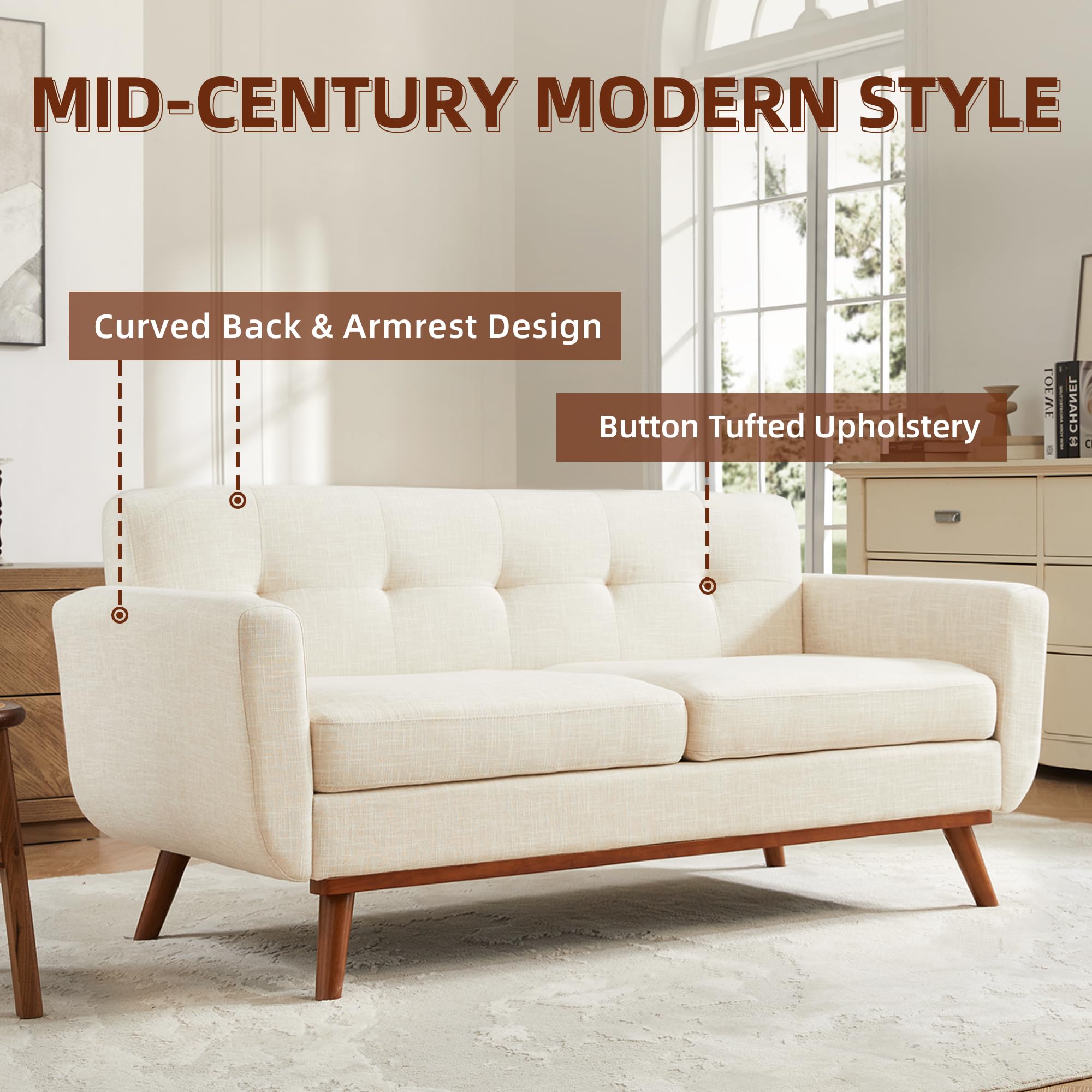 65.2" W Loveseat Sofa, Easy to Install Small Couch for Bedroom Office Apartment, Cream White