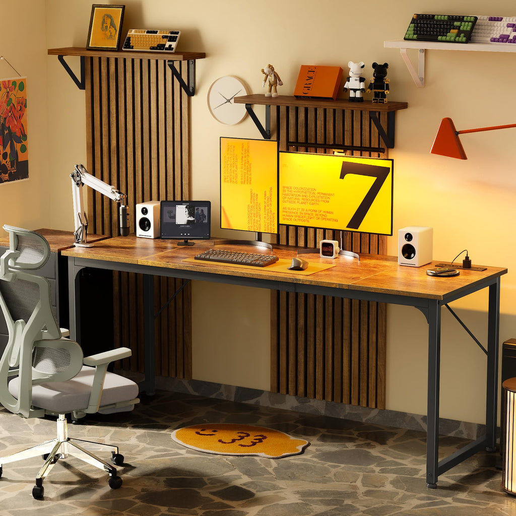 70 X 24 Inch Office Computer Desk with Power Outlets and USB-C Port, Larger and Longer Gaming Desk, for Home Office, Study, Writing Work from Home Table, Metal Frame, Rustic Brown