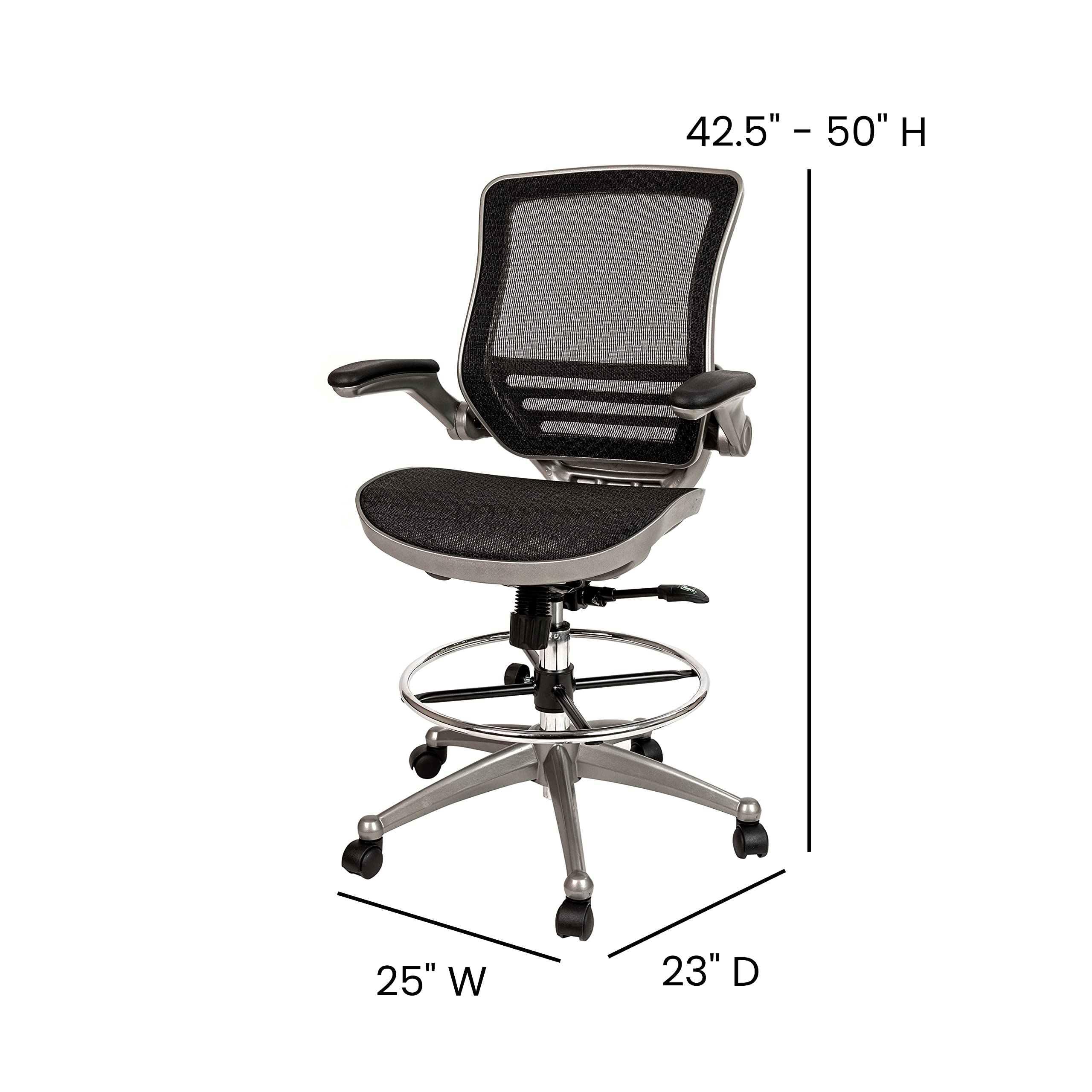 Mid-Back Swivel Office Chair with Adjustable Foot Ring and Seat Height, Ergonomic Mesh Chair with Armrests, Black/Silver