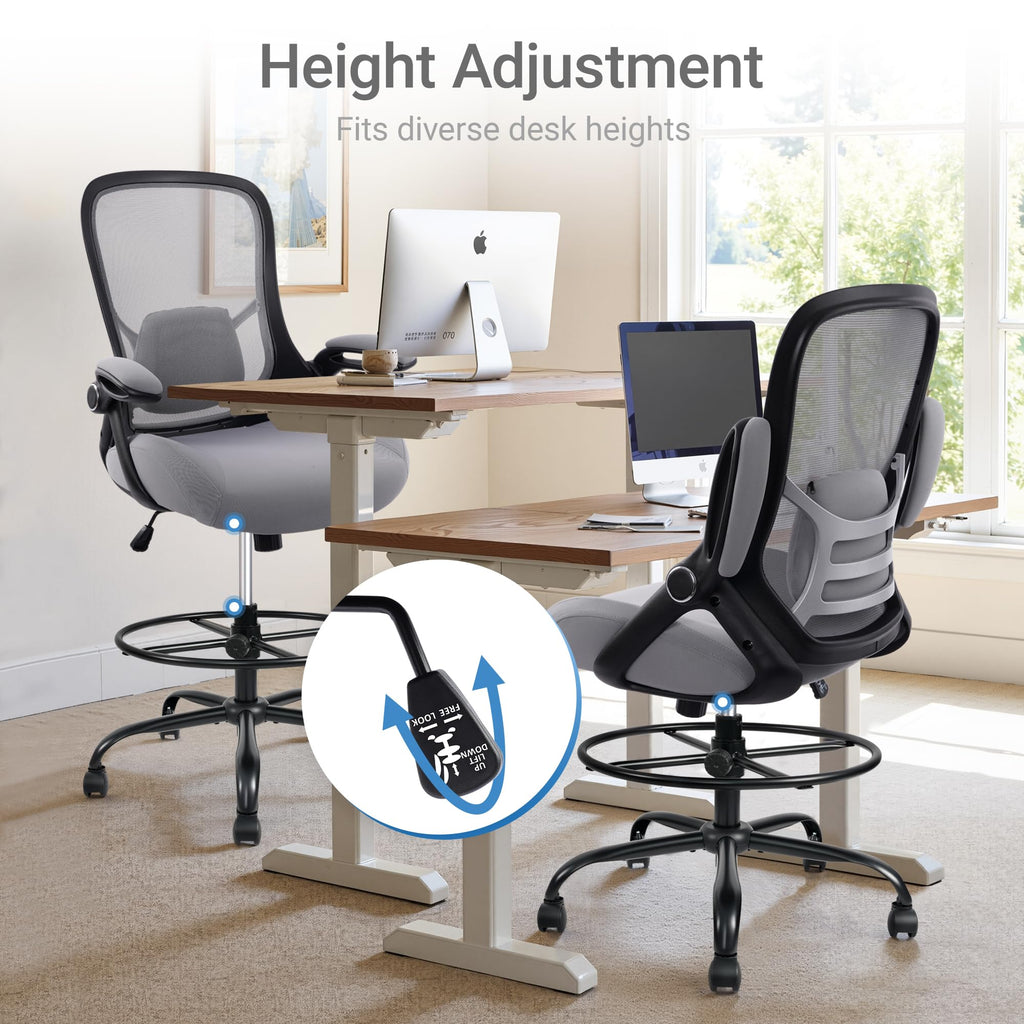 400lbs Heavy Duty Drafting Chair 5" Thickened Seat Office Chair with Flip-Up Armrests Tall Ergonomic Computer Chair with Lumbar Support and Adjustable Footrest Ring Standing Desk Chair(Grey)