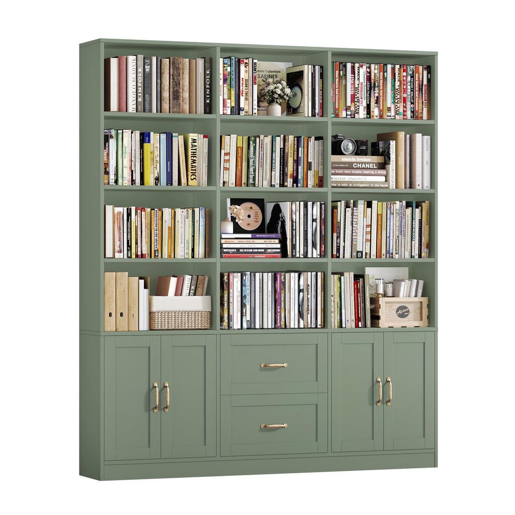 71" Tall Triple Wide Bookshelf with Storage Drawers & Doors, Green