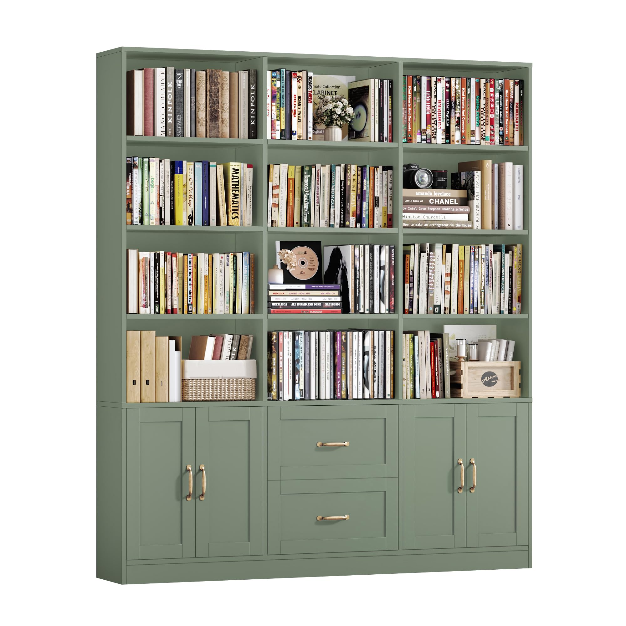 71" Tall Triple Wide Bookshelf with Storage Drawers & Doors, Green