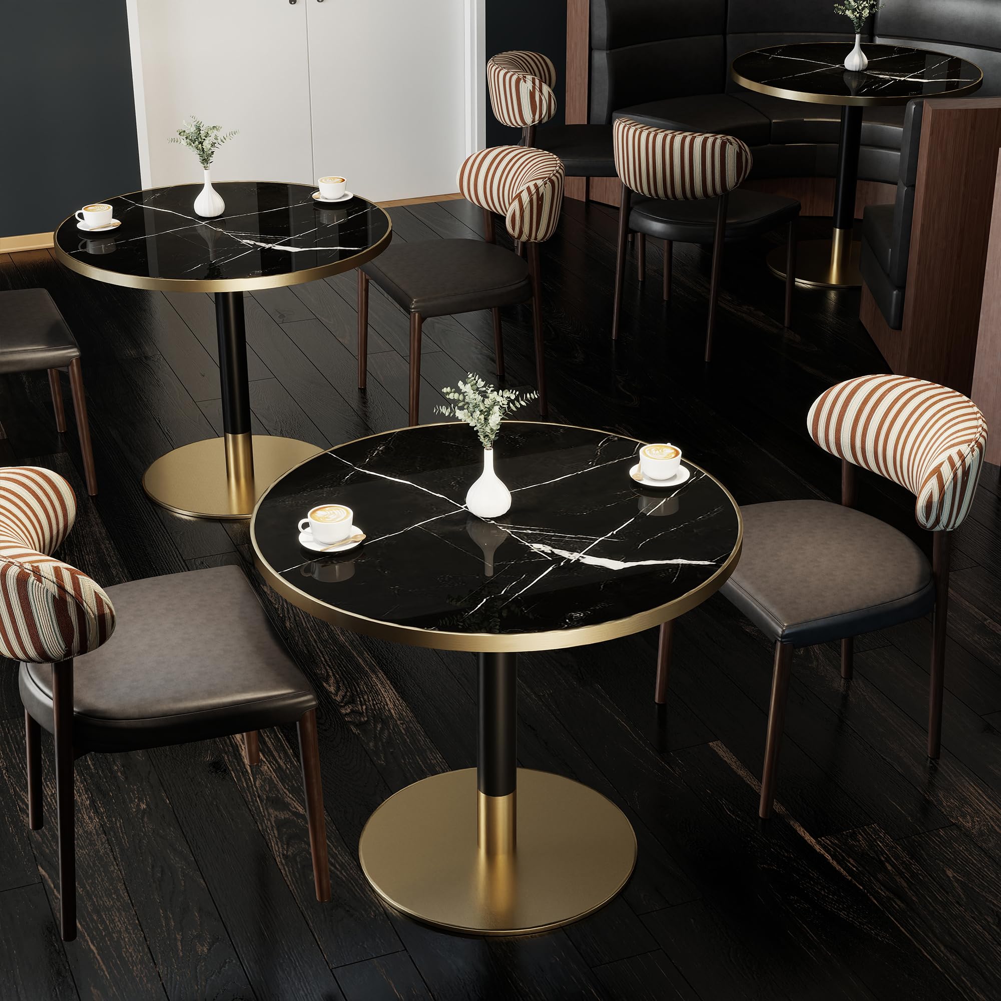 hausway 31.5" Tulip Table,Round Kitchen Dining Table for 2-4 with Thick Sintered Stone Top,Titanium Golden Pedestal Base,Heat-Resistant,Bistro Table for Dining Room,Café,Small Space（Inky Axis）