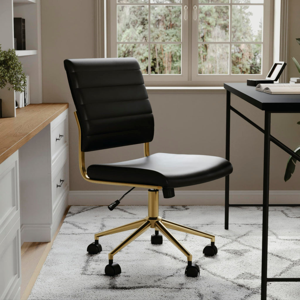 Armless Swivel Task Chair for Home Office in Black Faux Leather with Polished Brass Frame