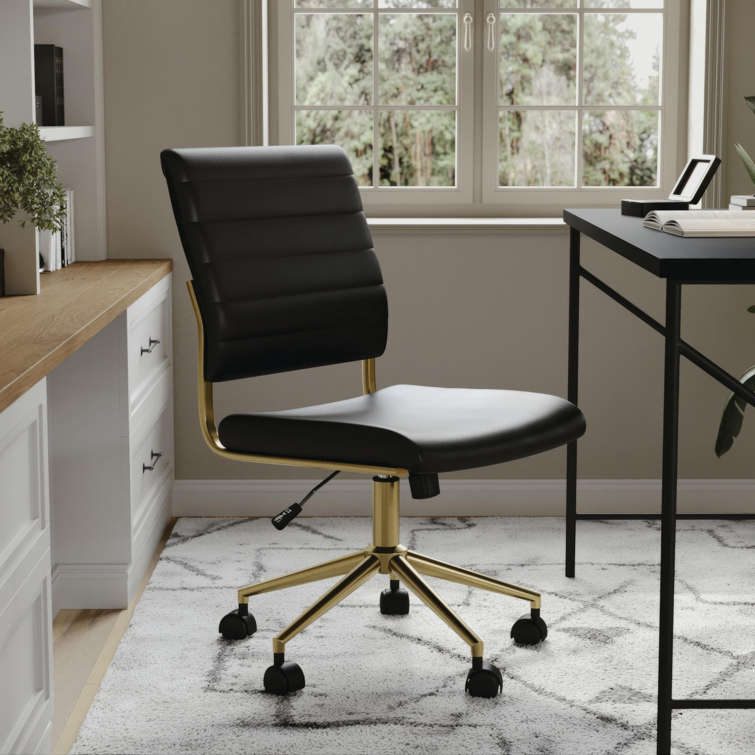 Armless Swivel Task Chair for Home Office in Black Faux Leather with Polished Brass Frame