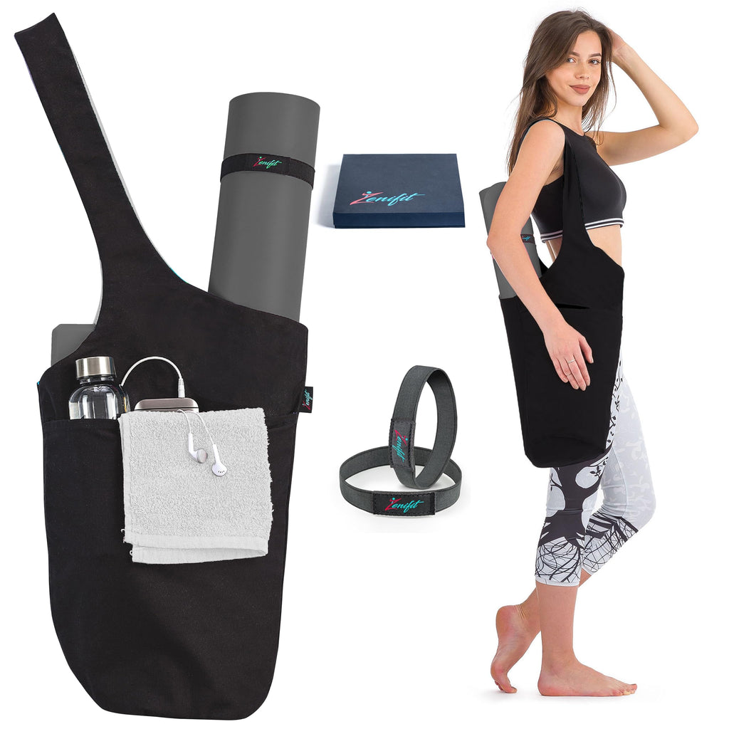 Yoga Mat Bag & Carrier with Pockets for Women, Full Black