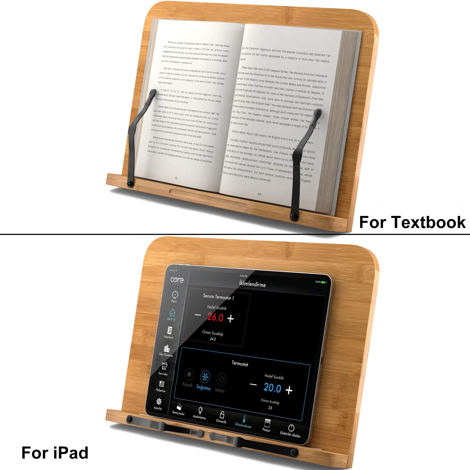 Bamboo Book Stand, Large Book Holder with 6 Adjustable Height, Foldable Cookbook Stand Desktop Document Holder for Kitchen & Office (13.4 x 9.3 Inch)