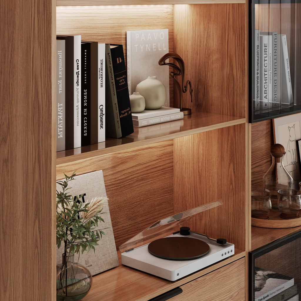 78.7" H Tall Bookcase Storage Cabinet with LED Lights and Drawers, 5 Tier Wood Storage Shelves with Glass Doors, Expandable Bookshelf Display Cabinet for Living Room, Home Office (A+C)