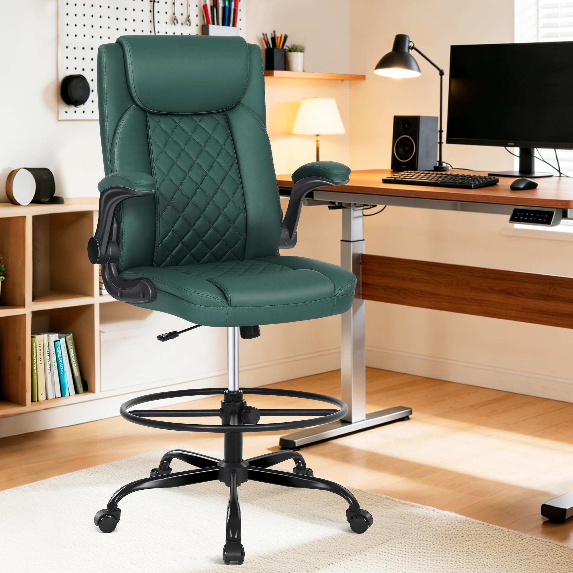 Drafting Chair, Tall Office Chair for Standing Desk, PU Leather Counter Computer Chairs with Adjustable Height, Rocking Function, 360° Swivel Wheels for Bar Office