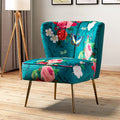 Accent Chair with Golden Metal Legs, Comfy Tufted Wingback Living Room Chair Floral Fabric Small Armless Side Chair, Upholstered Slipper Chair for Bedroom, Reading Room (Flower Print&BLUE)
