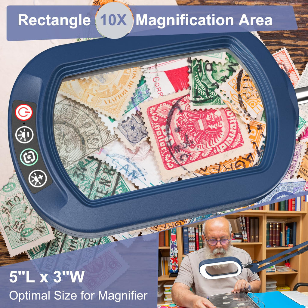 16" Extra Long Magnifying Glass with Light and Clamp, Real Glass, 5 Color Modes, Stepless Dimmable, Lighted Magnifier with Stand Hands Free, LED Swing Arm Desk Lamp for Close Work, Craft, Blue