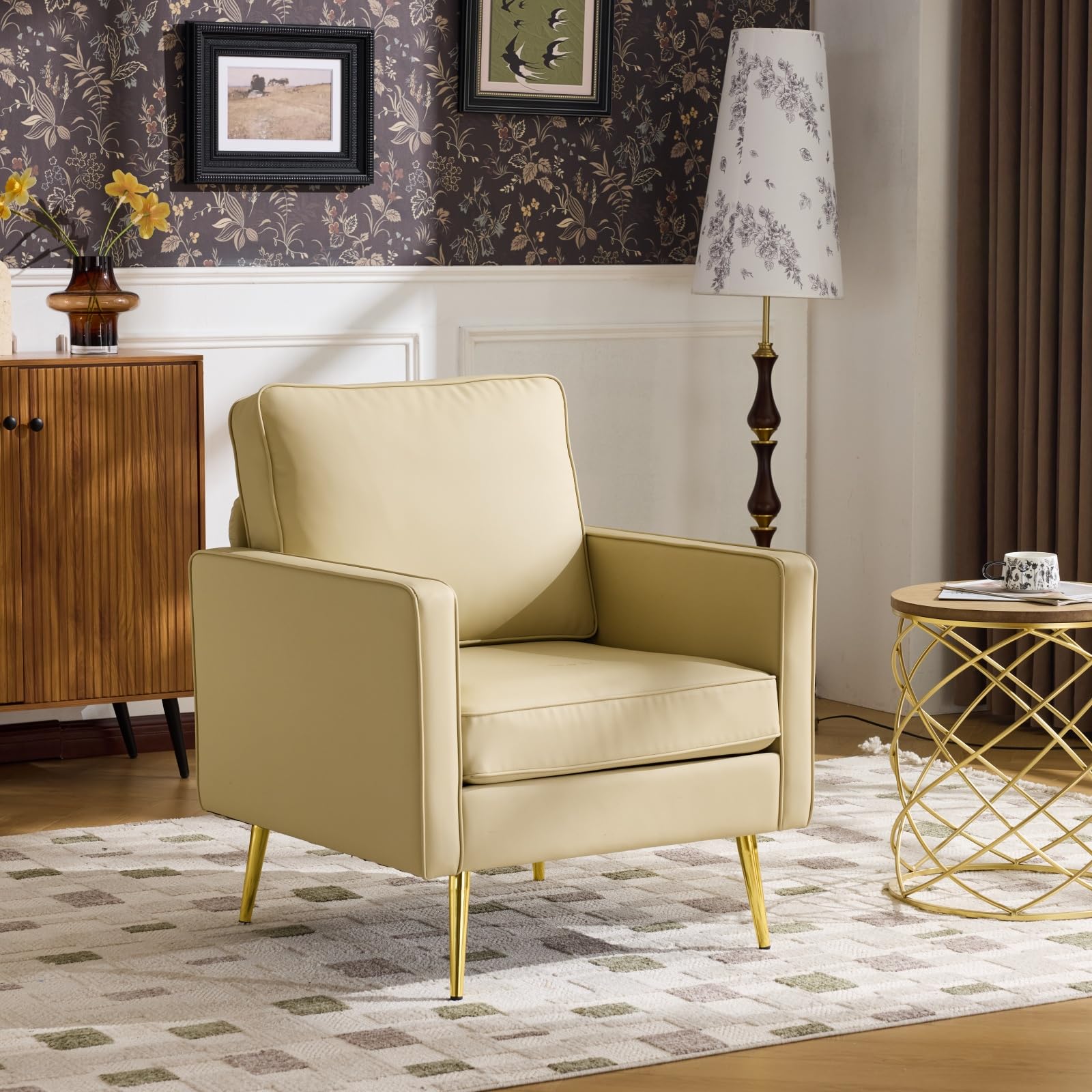 Modern PU Leather Accent Chairs Set of 2, Single Sofa Chair with Pocket Coil Seat, Metal Backrest & Solid Wood Frame, Upholstered Armchair for Office, Living Room, Bedroom